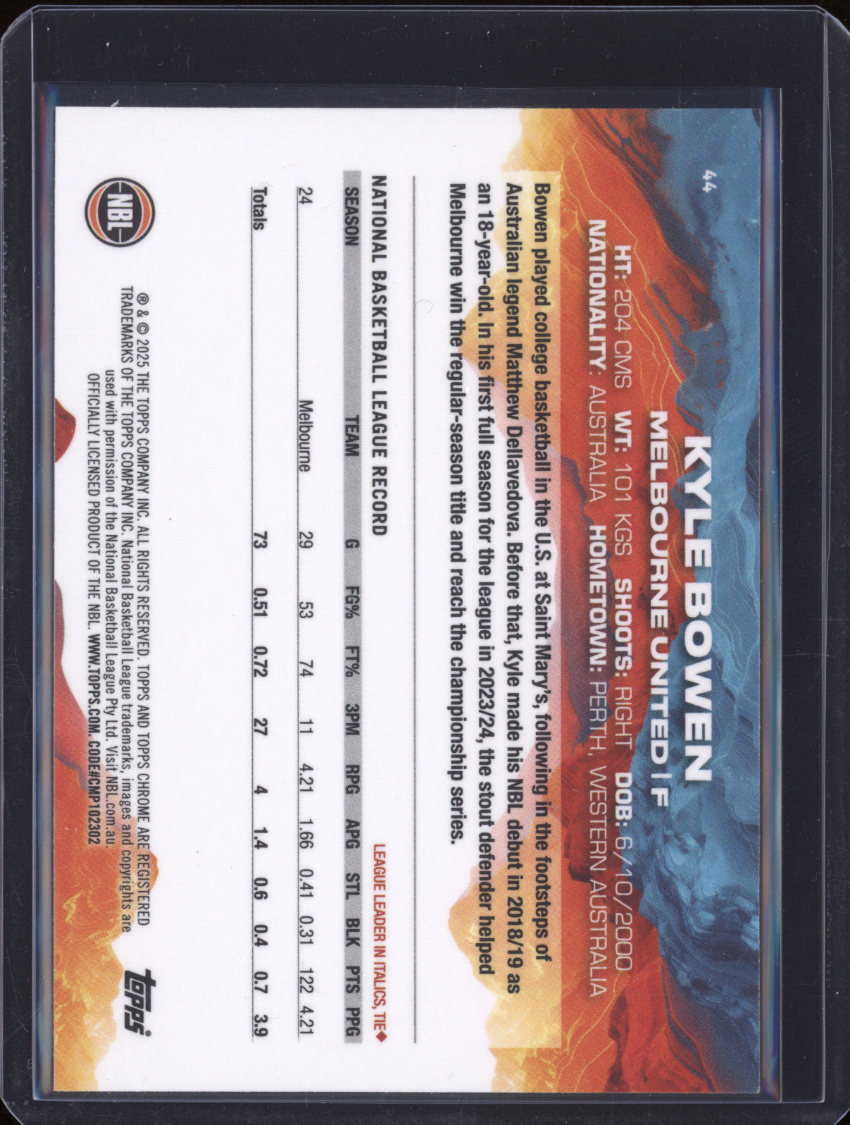 Kyle Bowen 2024 Topps Chrome NBL 44 Aqua Refractor 111/199