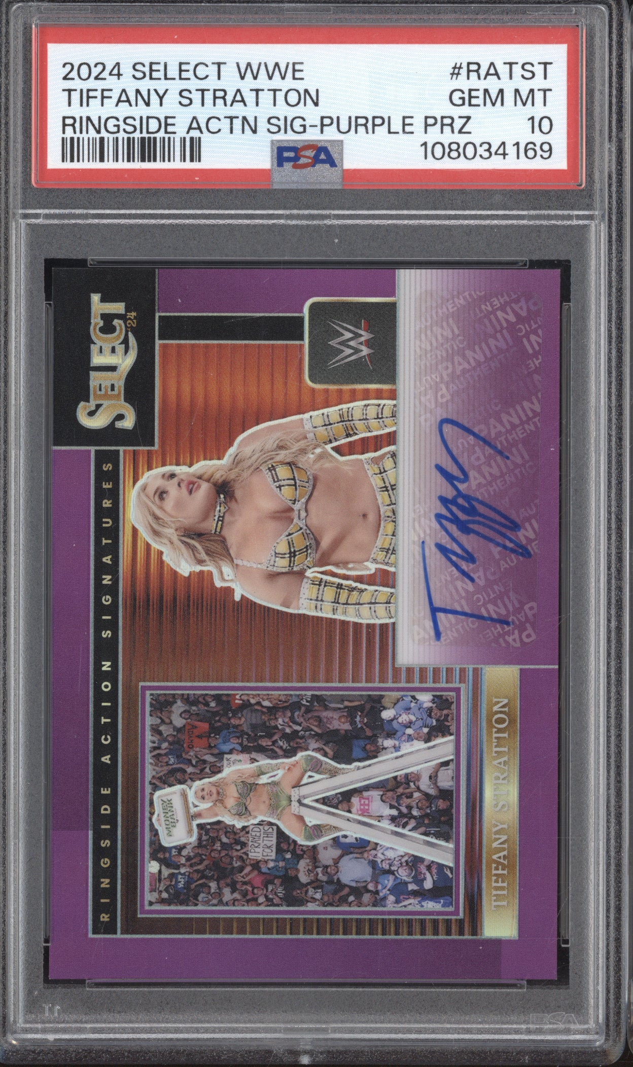 Tiffany Stratton 2024 Panini Select Ringside Action Auto Purple /35 PSA 10