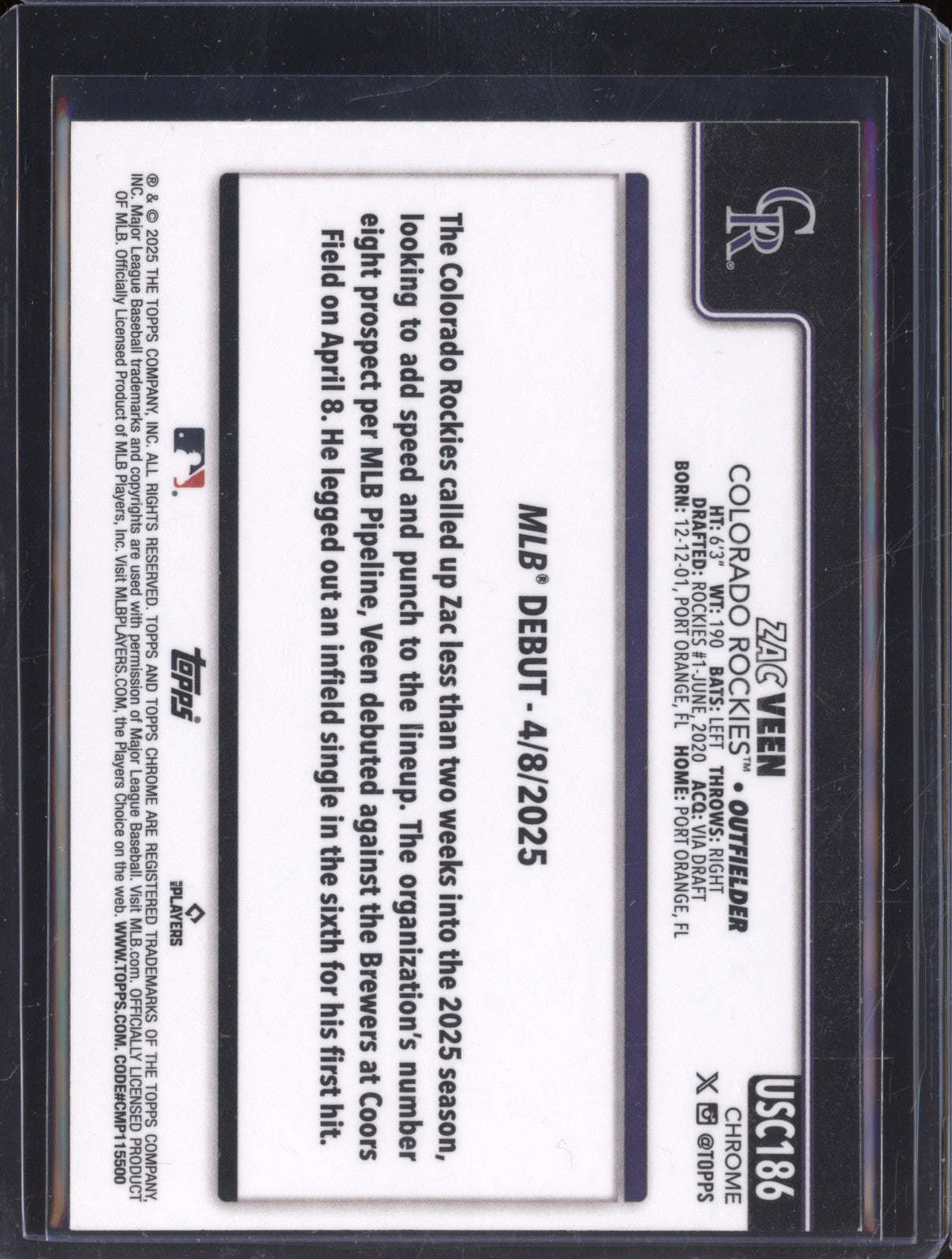 Zac Veen 2025 Topps Chrome Update Series USC186 Aqua Wave RC /199