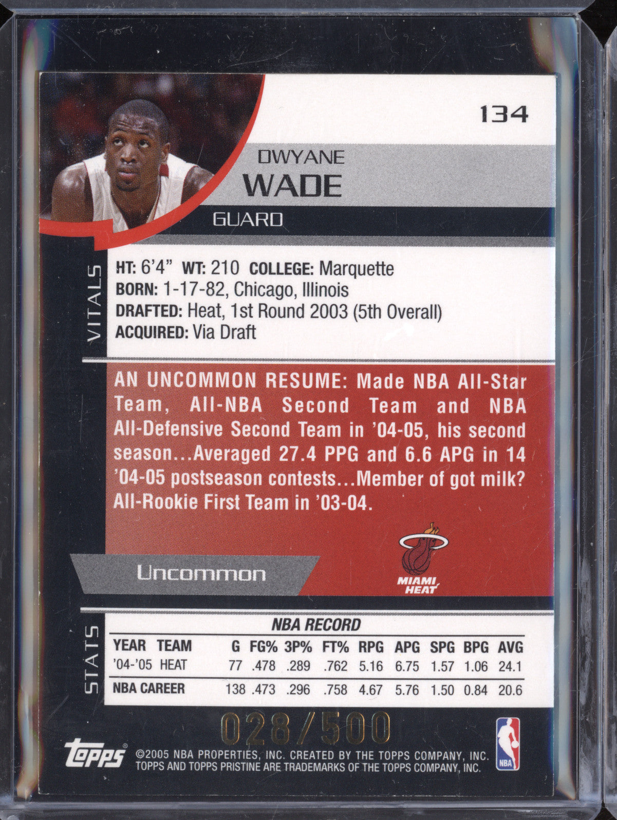 Dwyane Wade 2005-06 Topps Pristine 134 Uncirculated Jersey 28/500