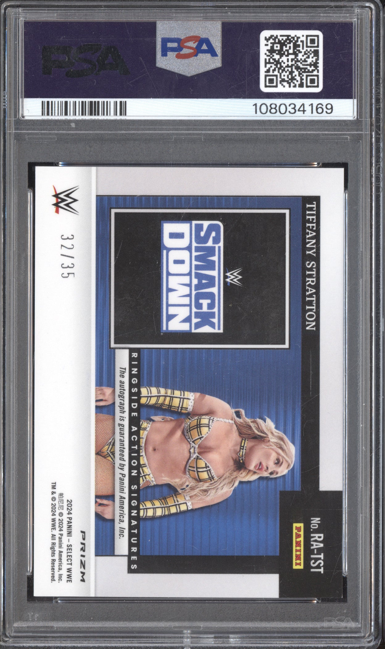 Tiffany Stratton 2024 Panini Select Ringside Action Auto Purple /35 PSA 10