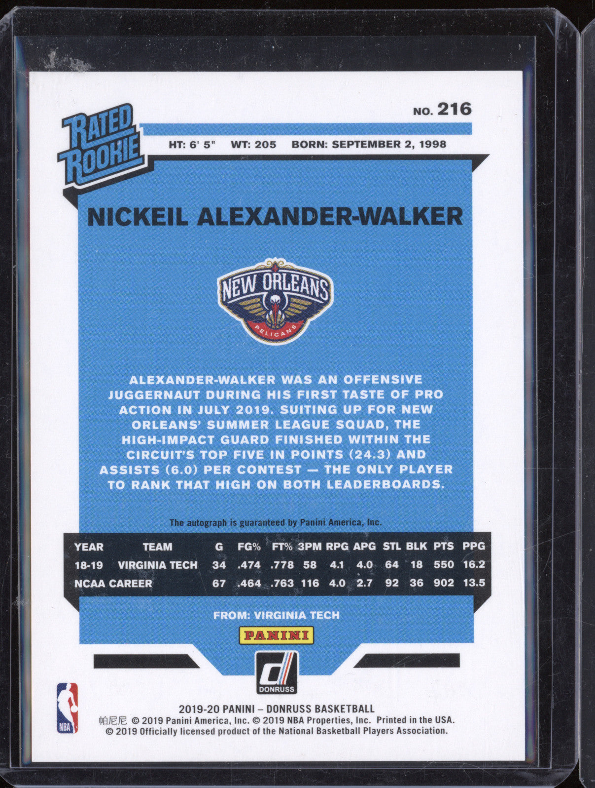 Nickeil Alexander-Walker 2020 Panini Donruss 216 Rookie Auto Blue Infinite /35