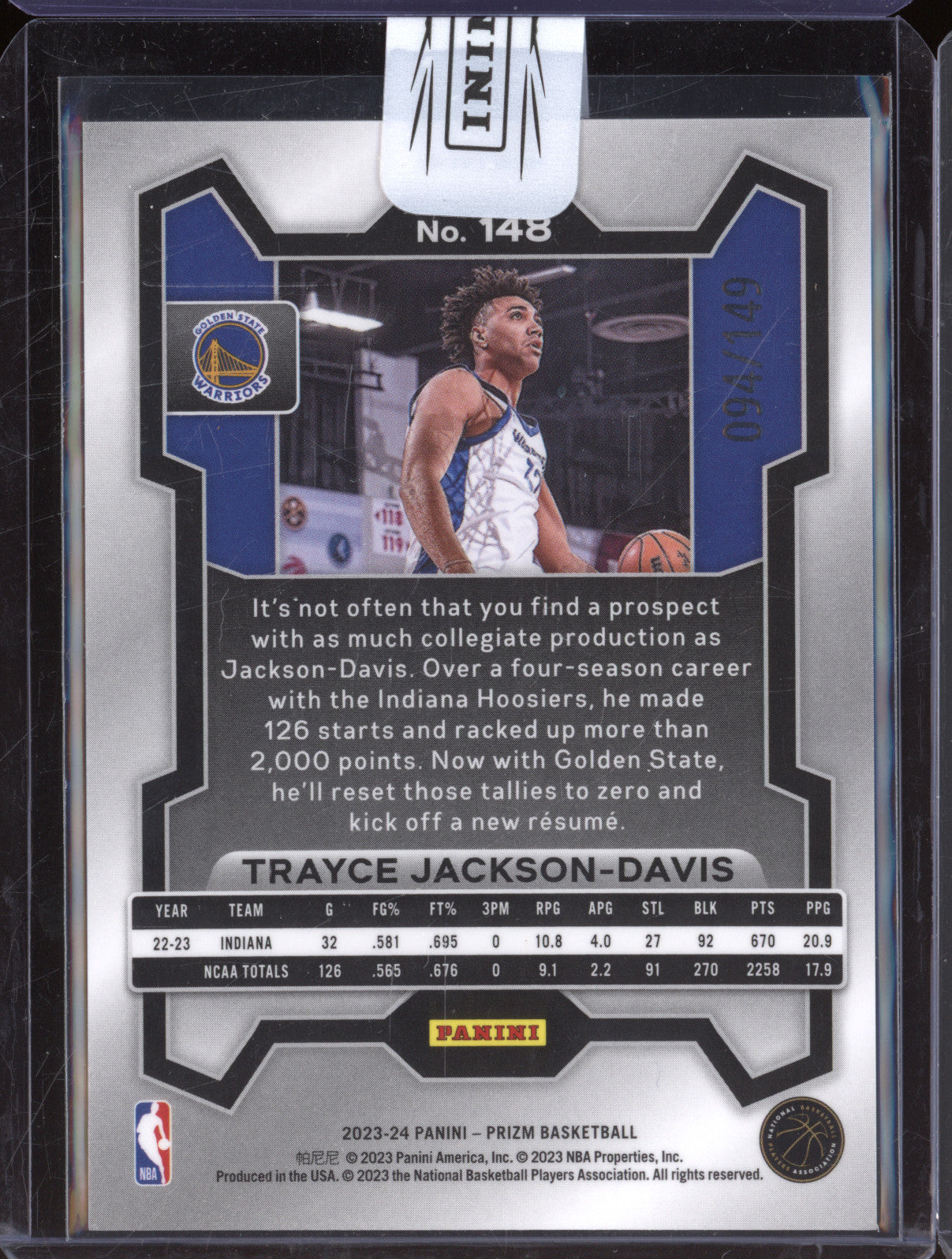 2023 Panini Prizm 148 Trayce Jackson-Davis Purple Cracked Ice /149 RC