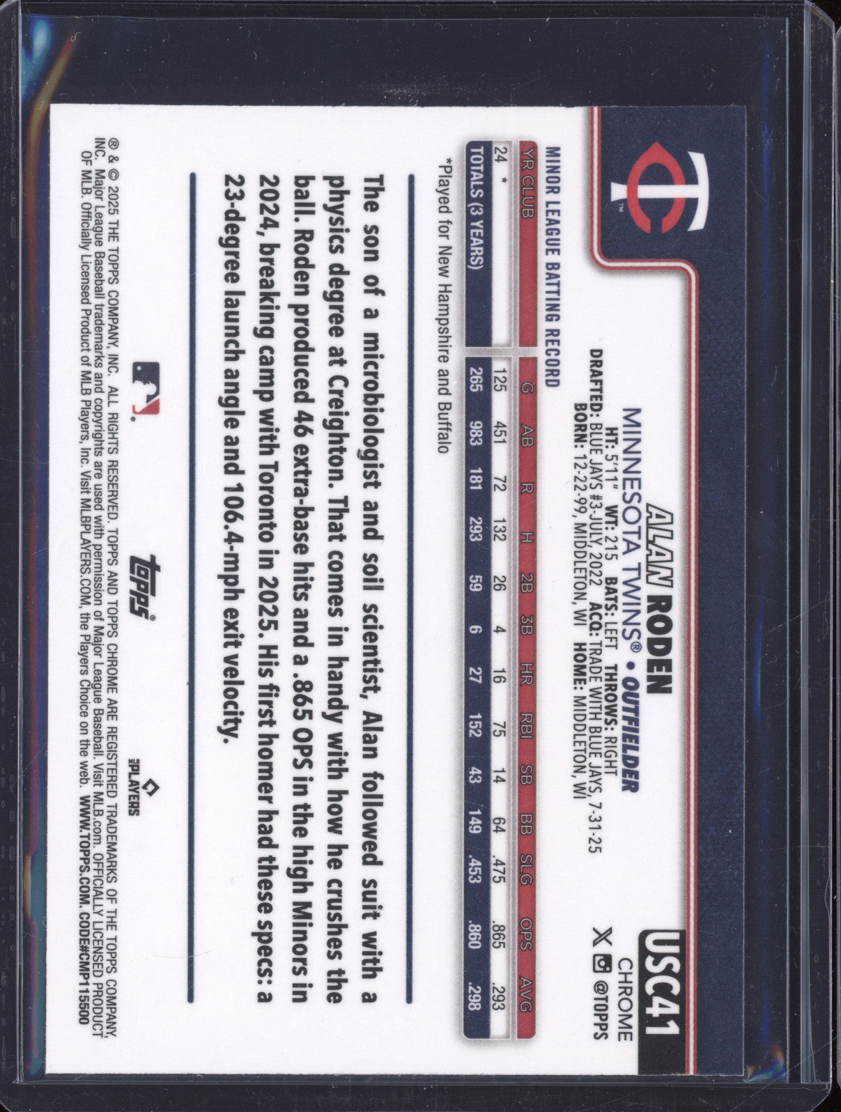 Alan Roden 2025 Topps Chrome Update USC41 Teal Refractor RC /299