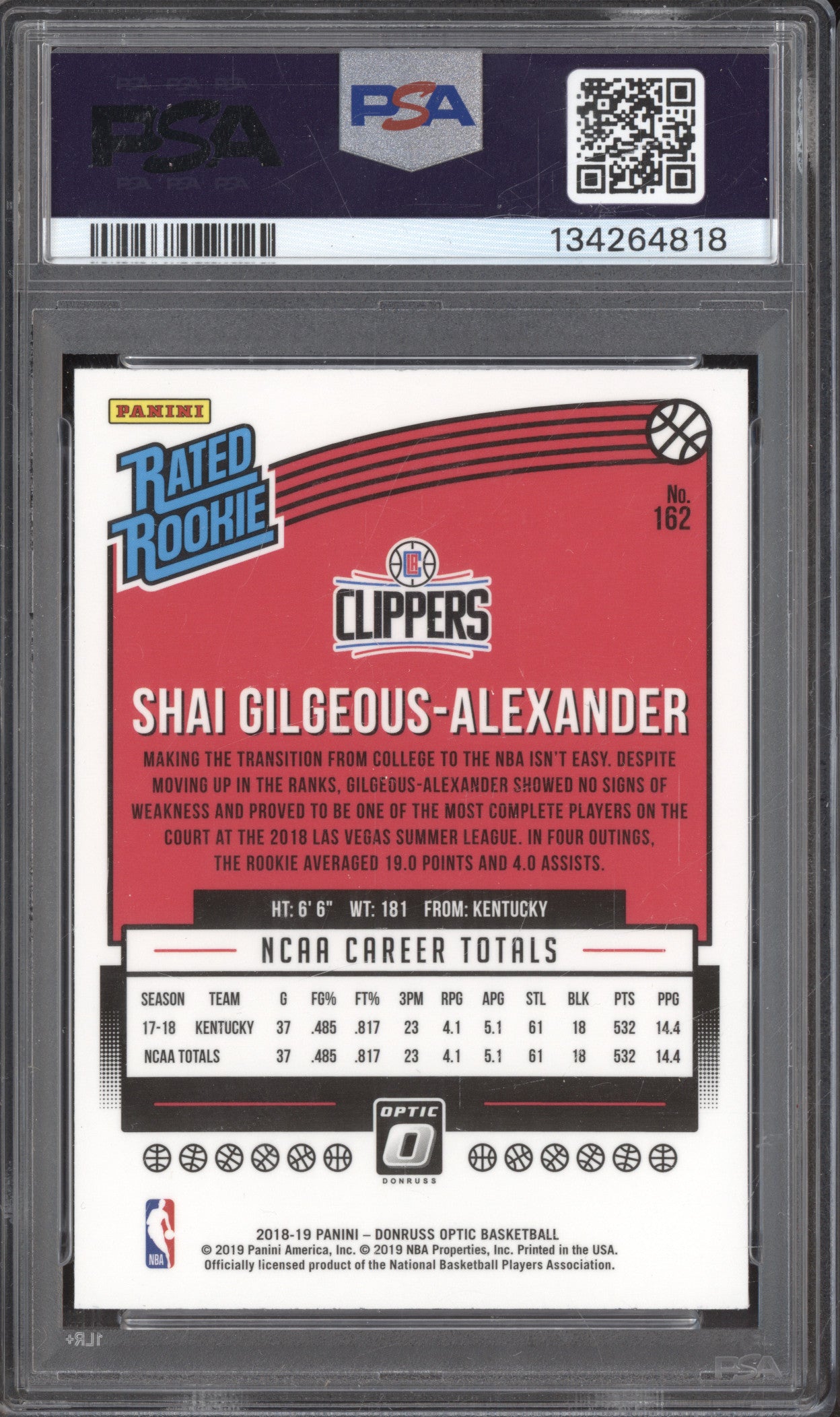 2018-19 Panini Donruss Optic 162 Shai Gilgeous-Alexander RC PSA 9