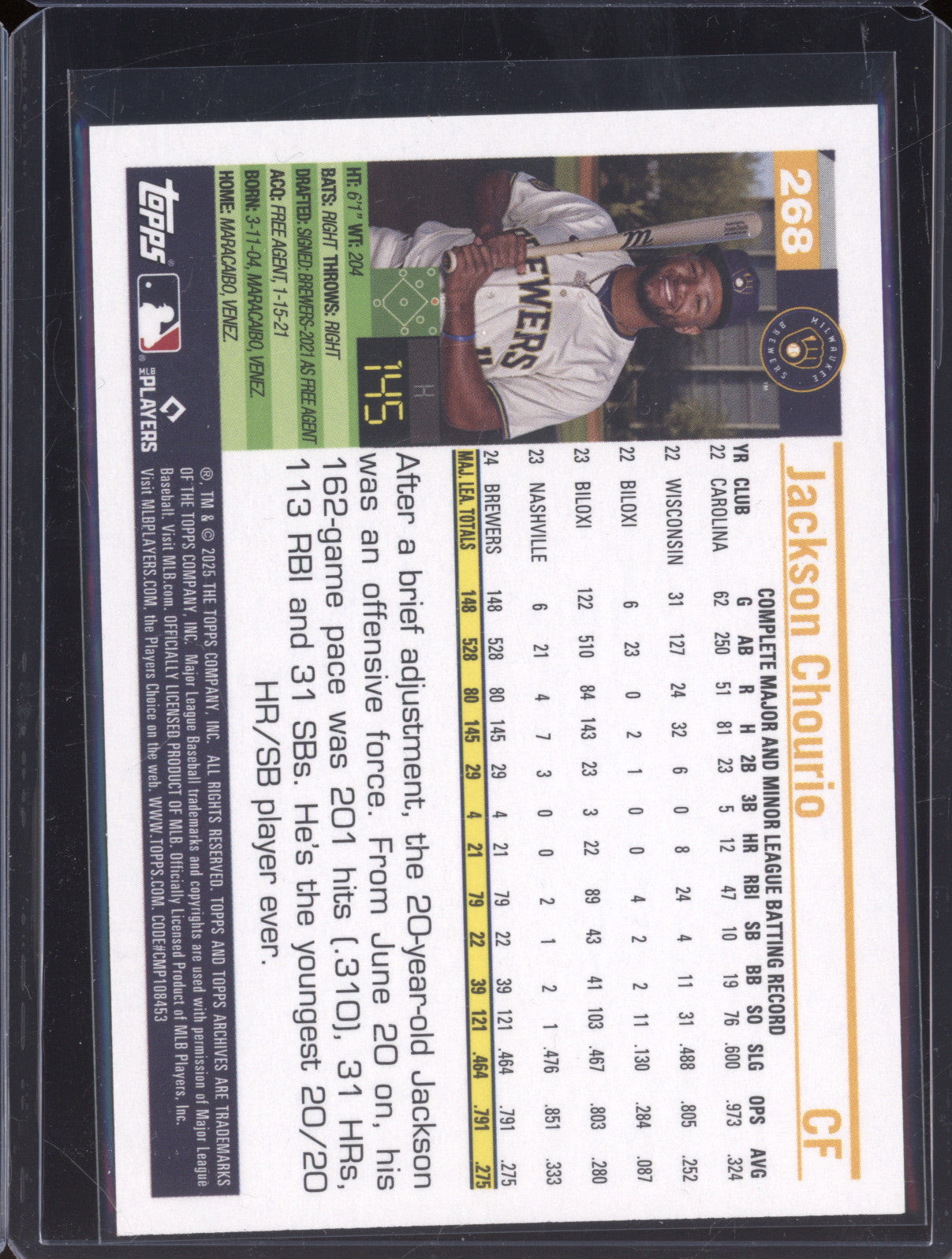 Jackson Chourio 2025 Topps Archives 268 Design Variation SP