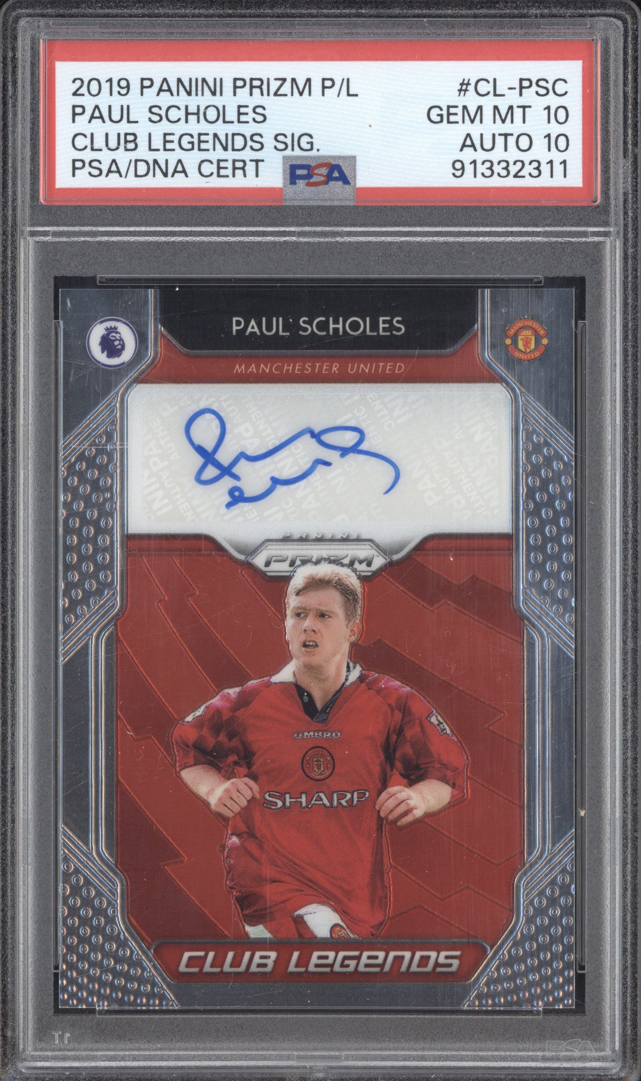 Paul Scholes 2019-20 Panini Prizm PL CL-PSC Club Legends Auto PSA 10/10
