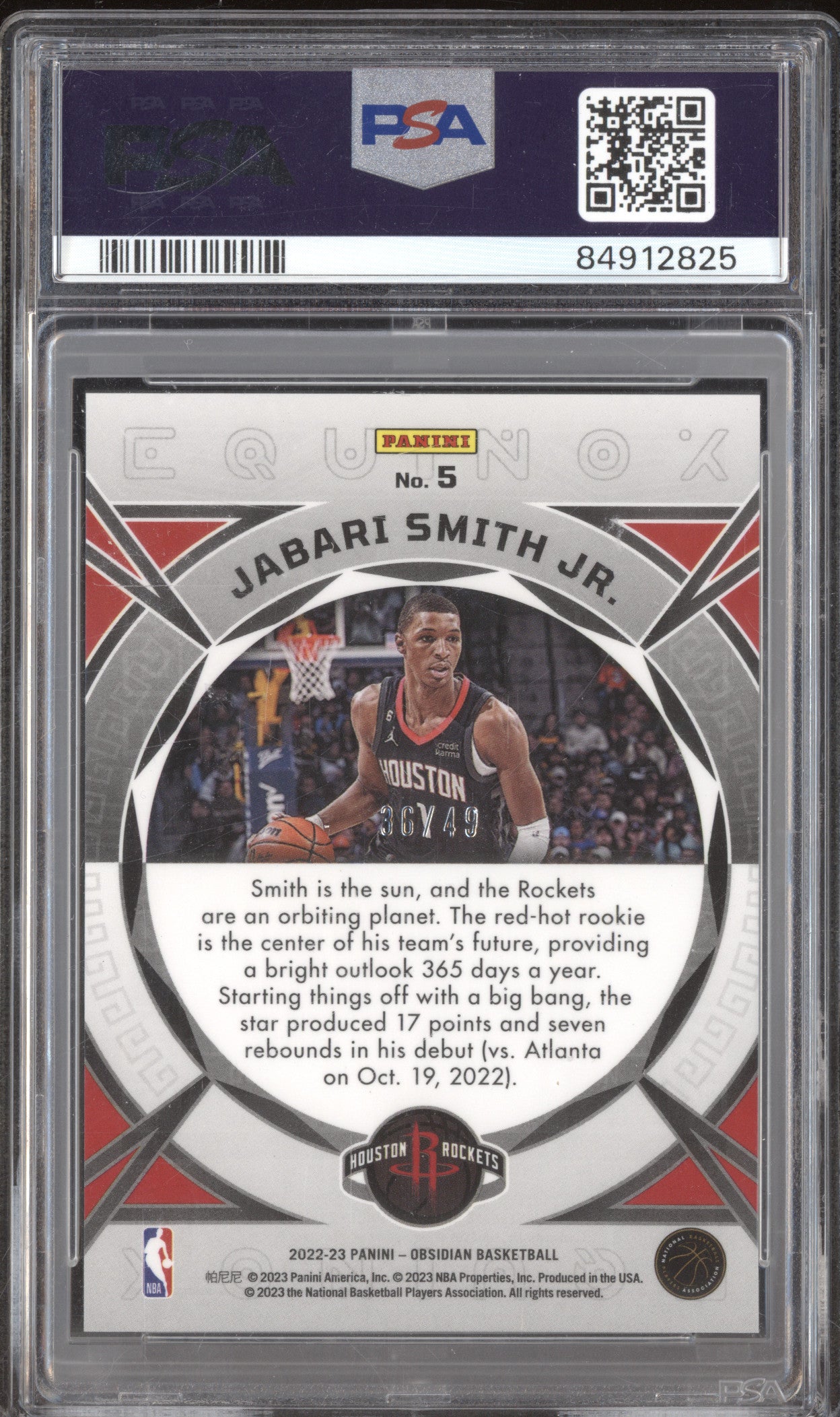 Jabari Smith Jr. 2022-23 Panini Obsidian 5 Equinox-EE Purple Flood 36/49 PSA 10