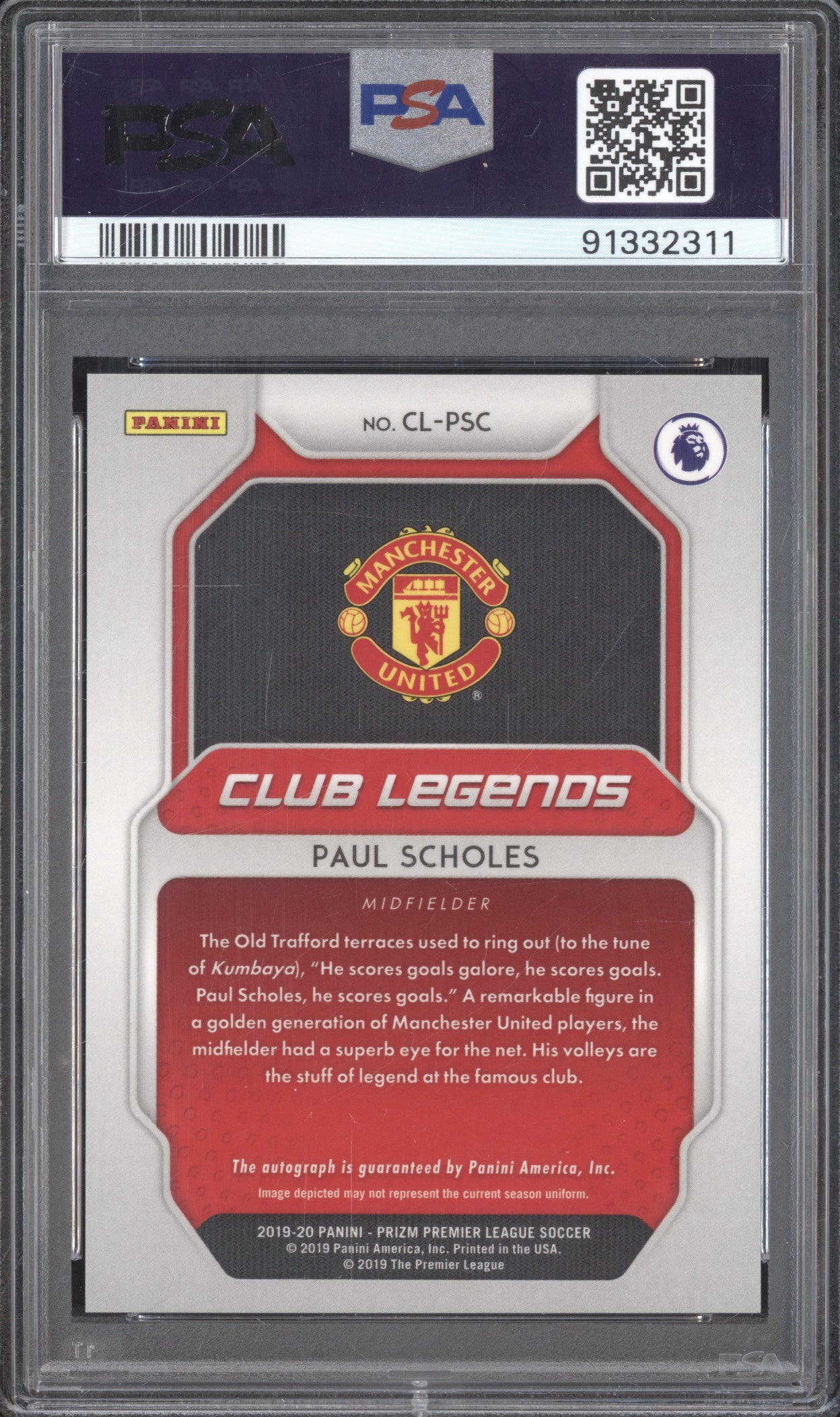 Paul Scholes 2019-20 Panini Prizm PL CL-PSC Club Legends Auto PSA 10/10