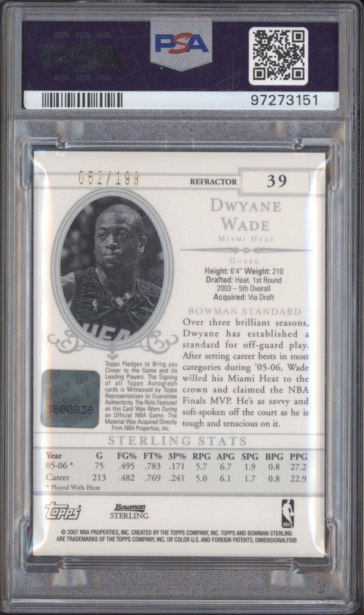 Dwayne Wade 2006 Topps Bowman Sterling 39 Signed Jersey Refractor /199 PSA 9