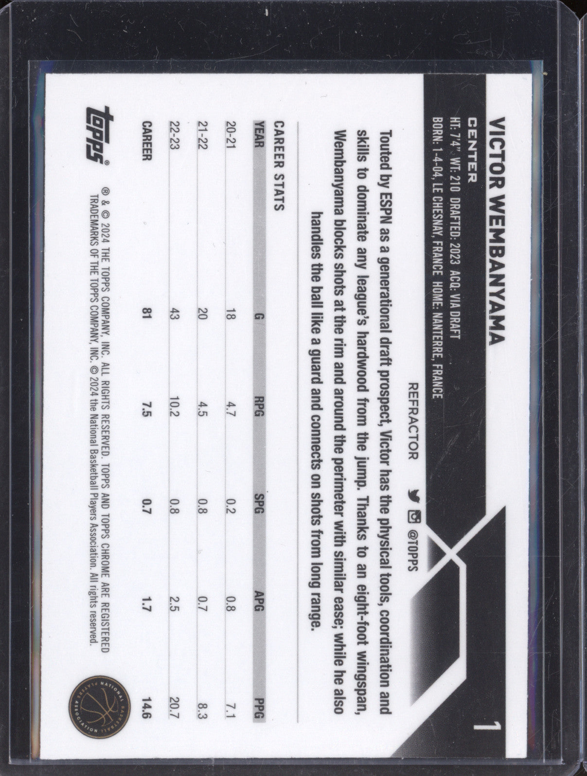 Victor Wembanyama 2023-24 Topps Chrome 1 Refractor RC
