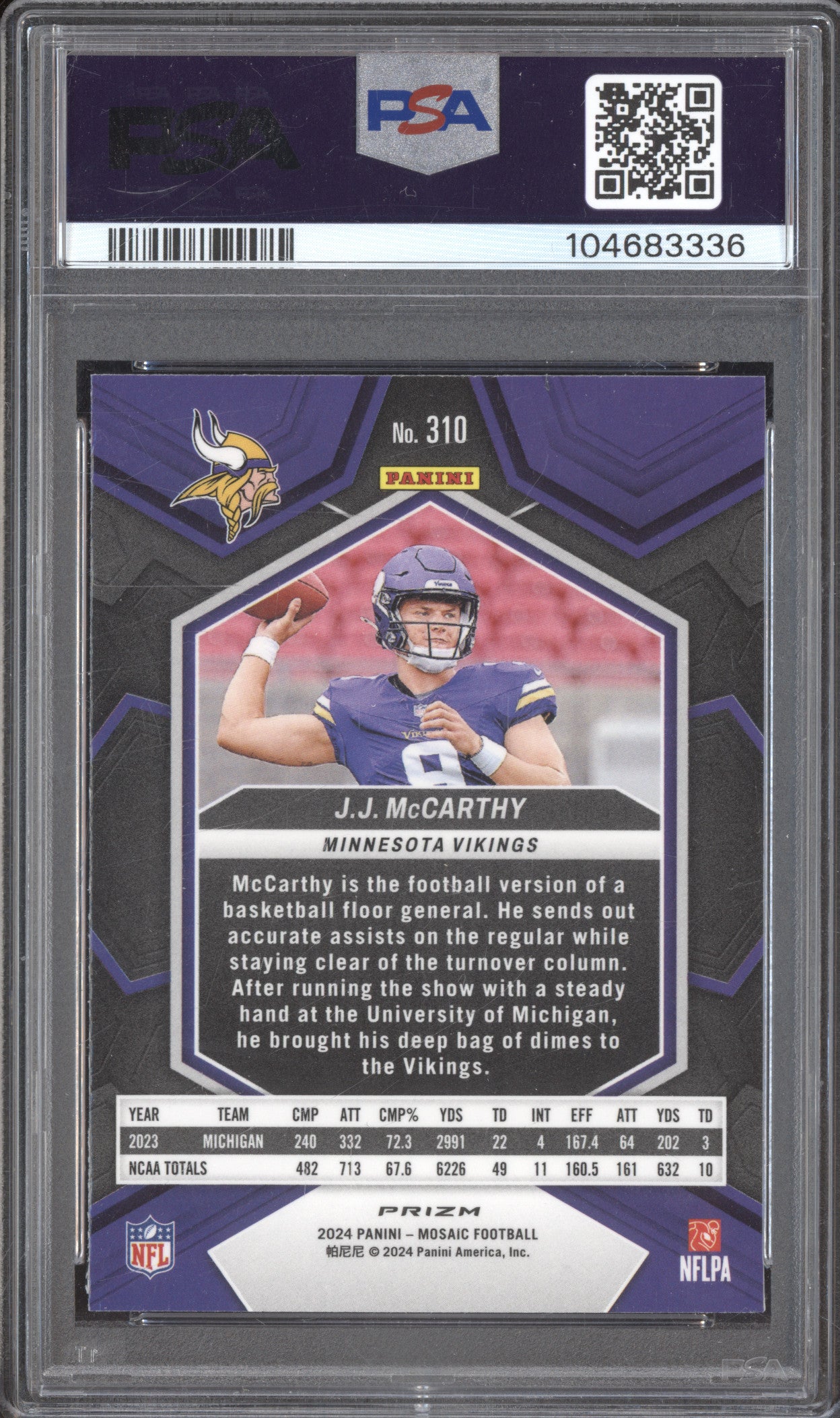 JJ McCarthy 2024 Panini Mosaic 310 Genesis RC PSA 8