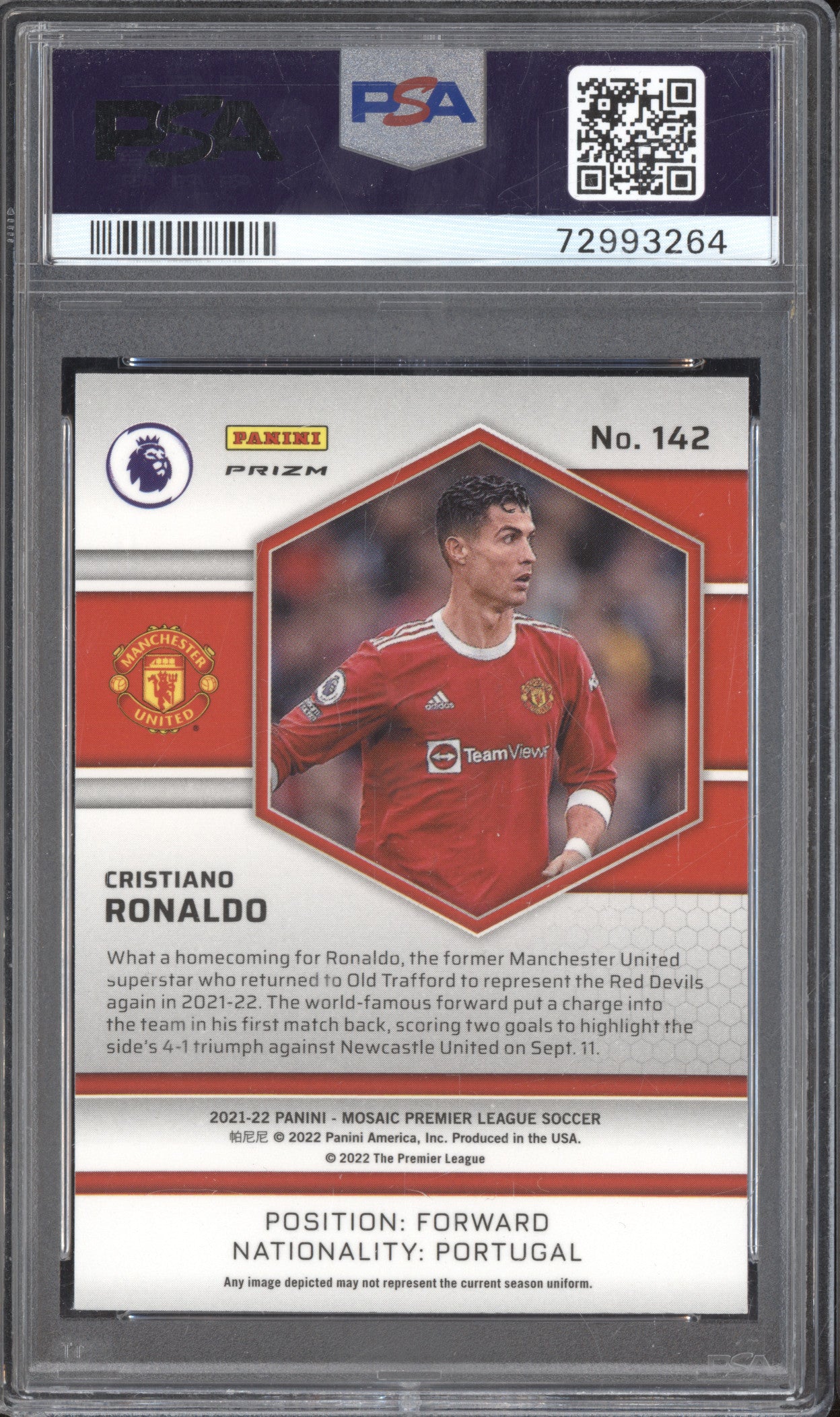 Cristiano Ronaldo 2021-22 Panini Mosaic Premier League 142 Reactive Red PSA 10