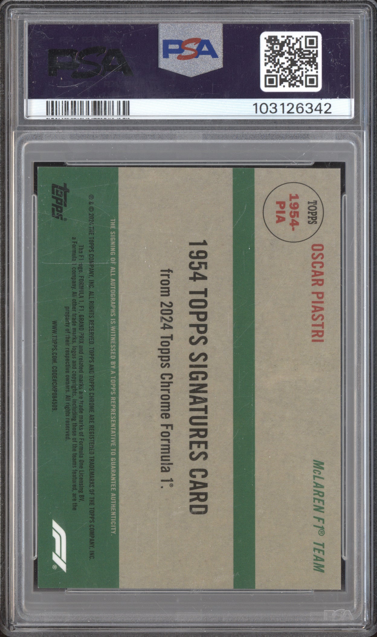 Oscar Piastri 2024 Topps Chrome F1 1954-PIA 1954 Topps Auto Orange 4/25 PSA 9