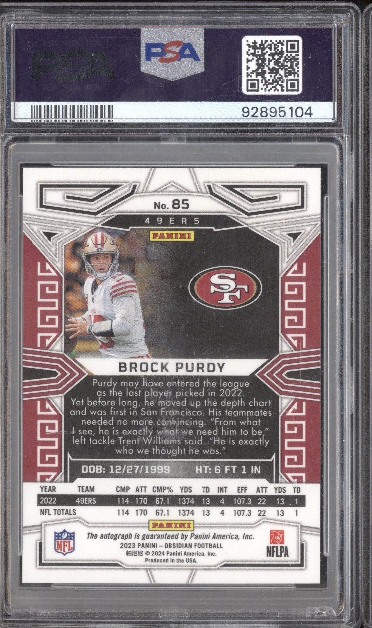 Brock Purdy 2023 Panini Obsidian 85 Signature PSA 10