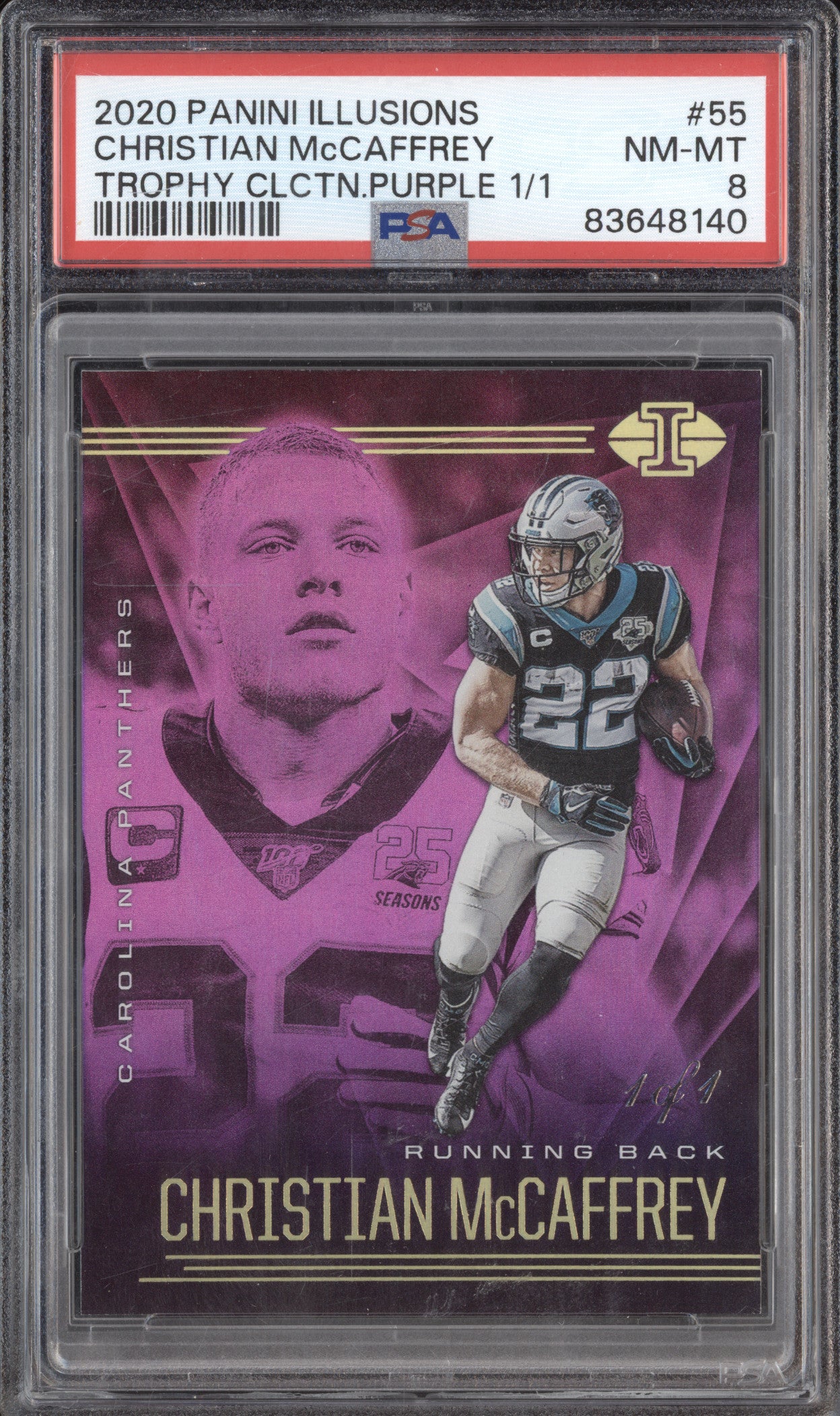 C McCaffrey 2020 Panini Illusions 55 Trophy Collection Purple 1/1 1/1 PSA 8