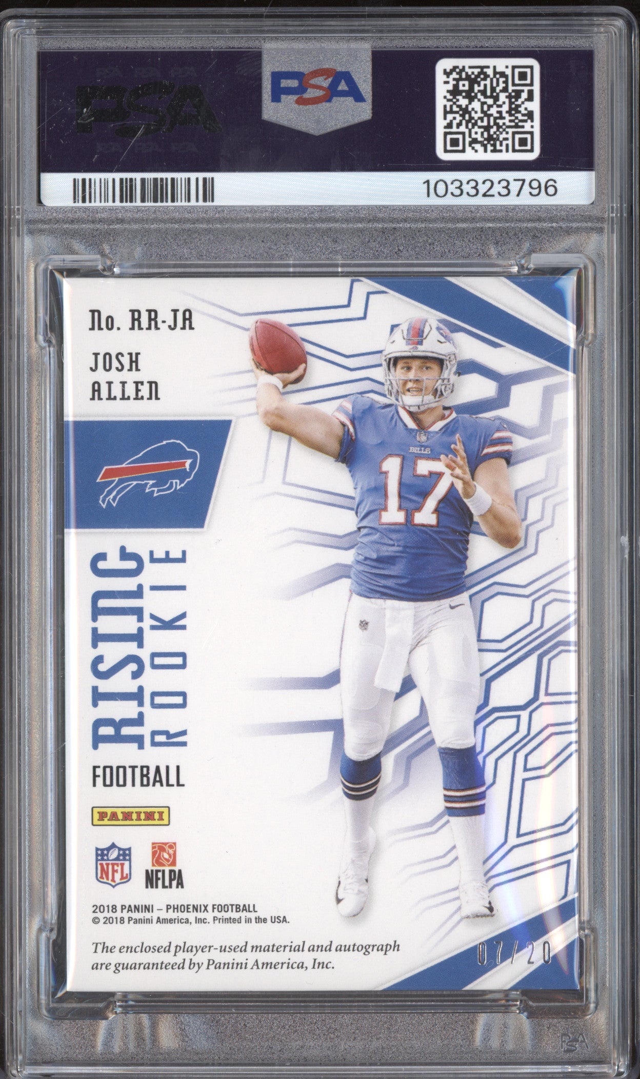 Josh Allen 2018 Panini Phoenix Rising Rookie Material Signature RC /20 PSA 8/10