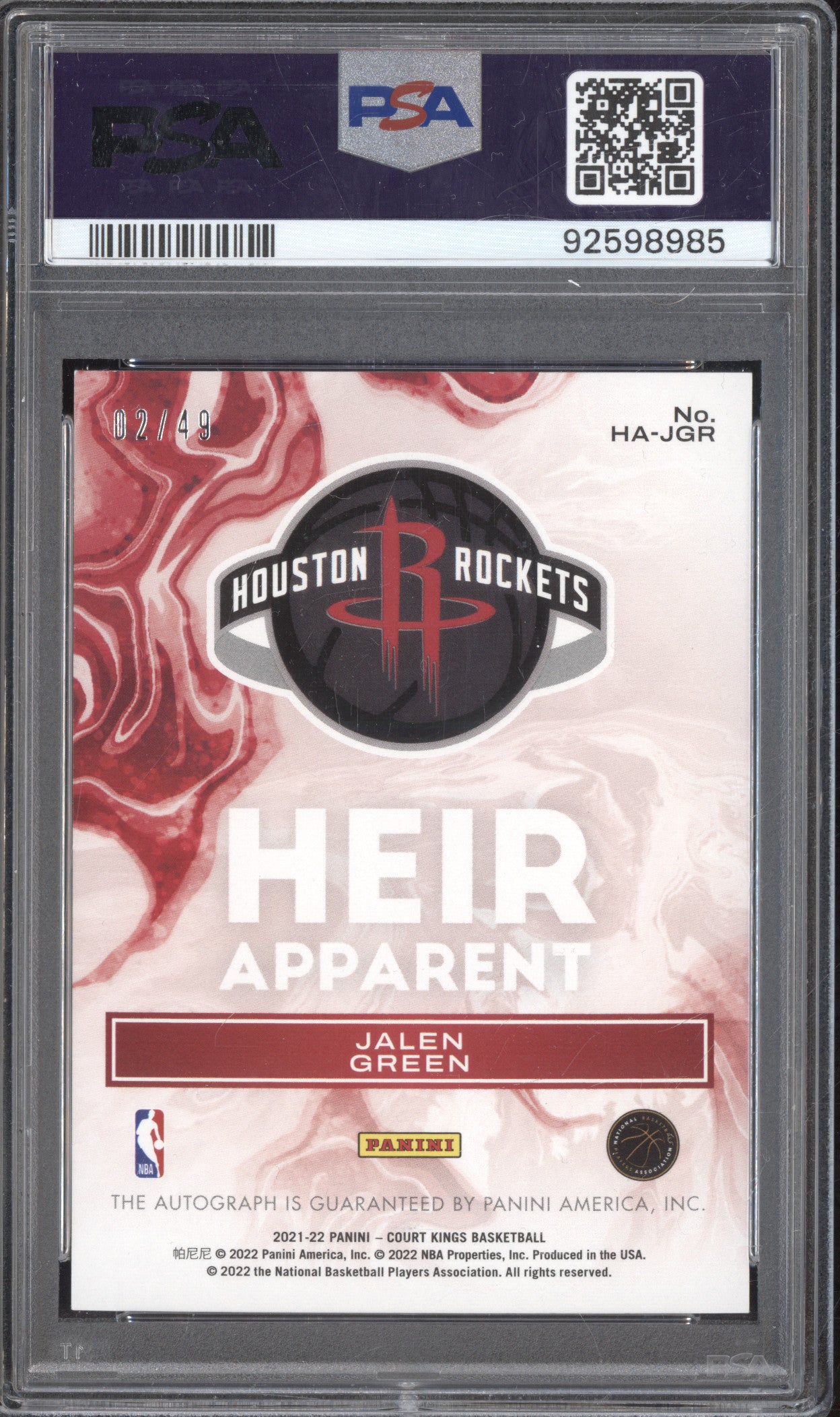 Jalen Green 2021-22 Panini Court Kings Heir Apparent Auto Violet RC 2/49 PSA 9