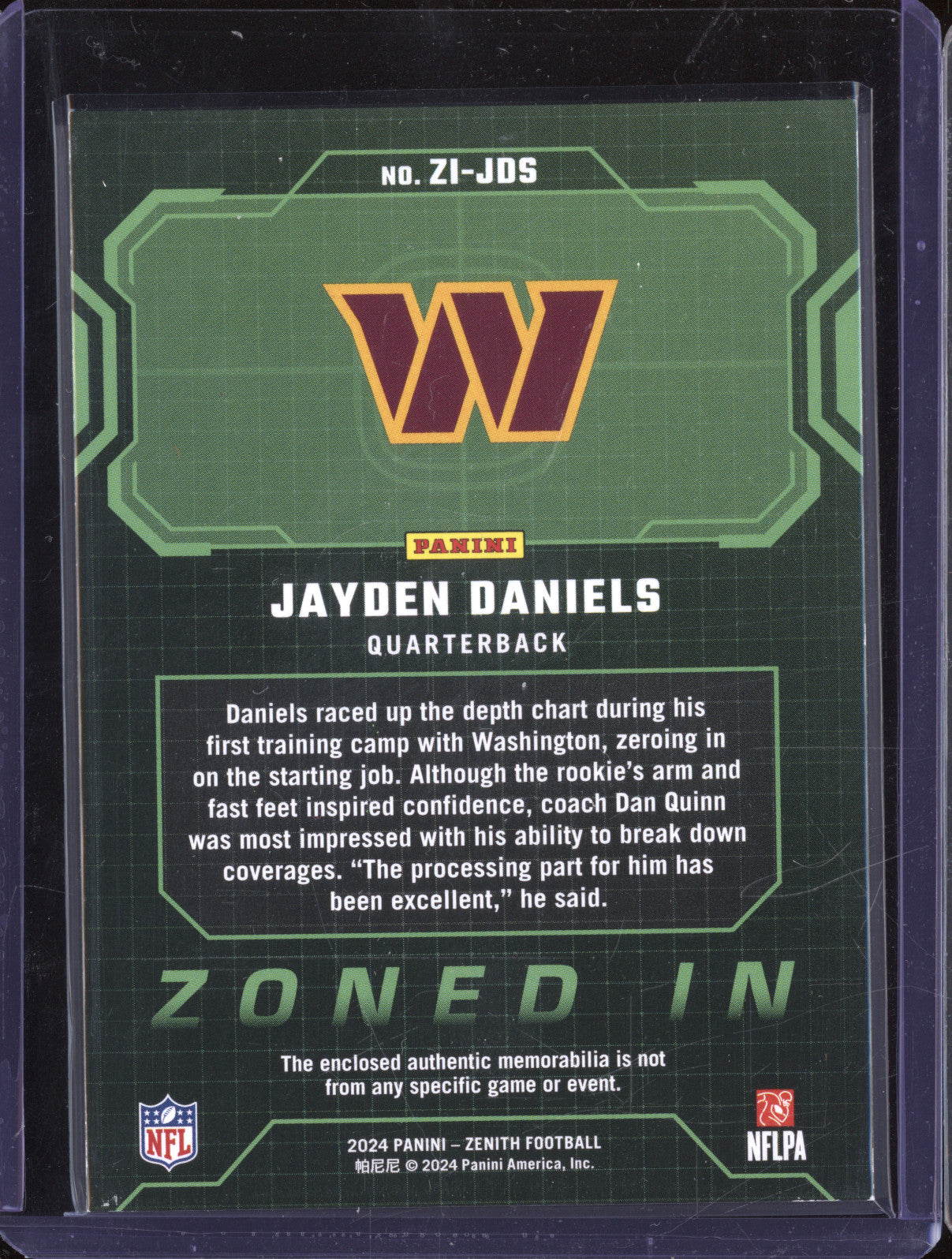 Jayden Daniels 2024 Panini Zenith ZI-JDS Zoned In Prime RC 4/49