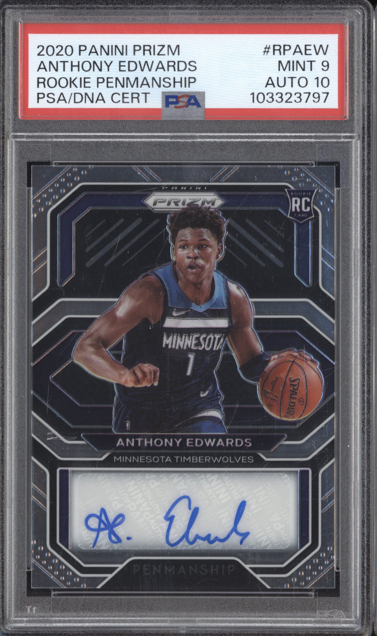 Anthony Edwards 2020-21 Panini Prizm RP-AEW Rookie Penmanship Auto RC PSA 9/10