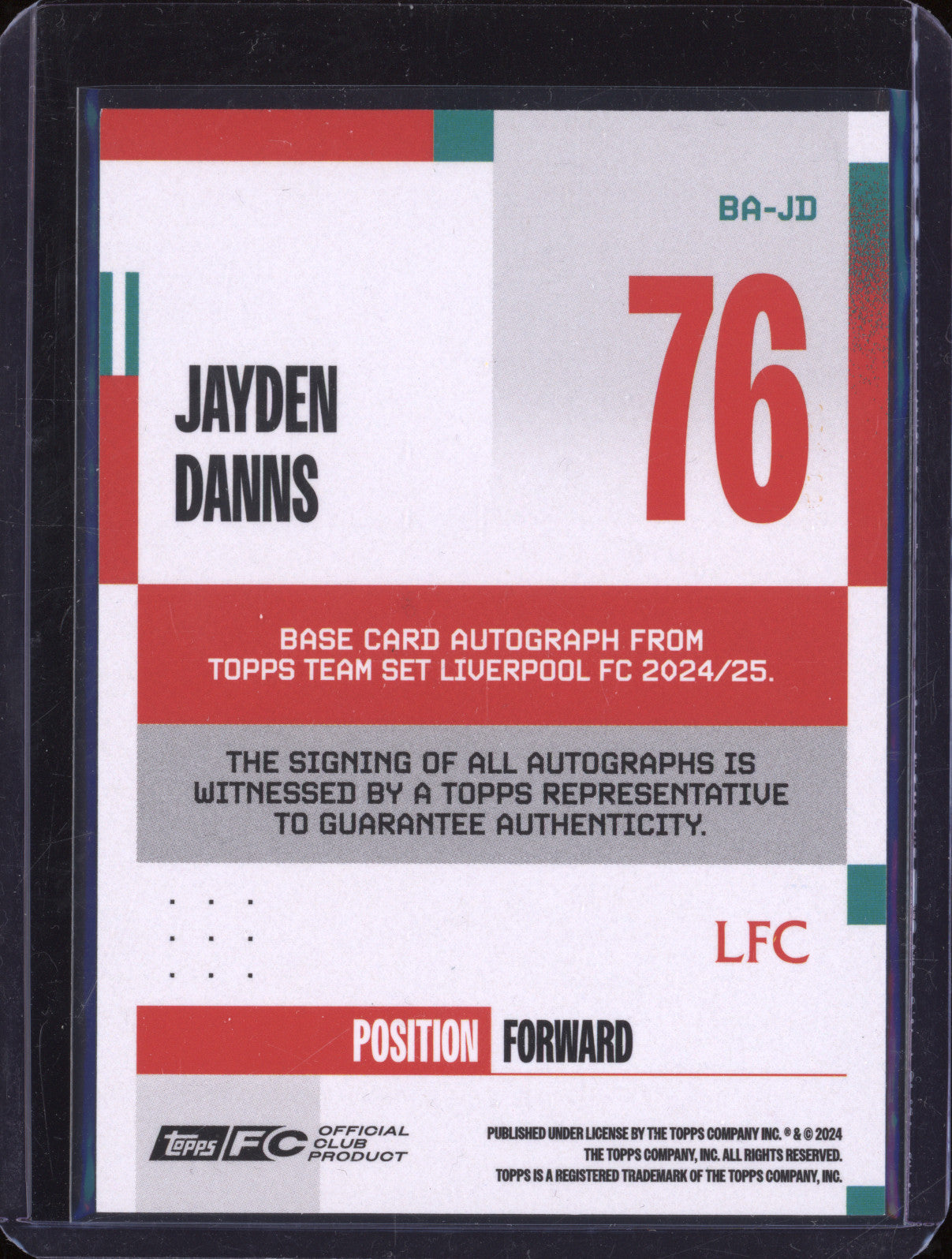 Jayden Danns 2024-25 Topps Team Set Liverpool BA-JD Autograph RC 169/250