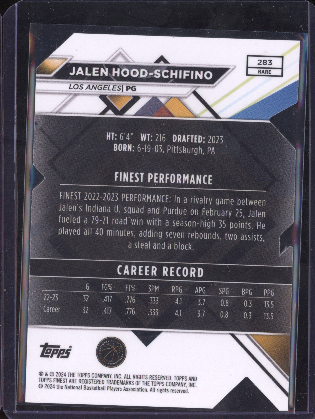 Jalen Hood-Schifino 2023-24 Topps Finest 283 Die-Cut Refractor RC 7/25