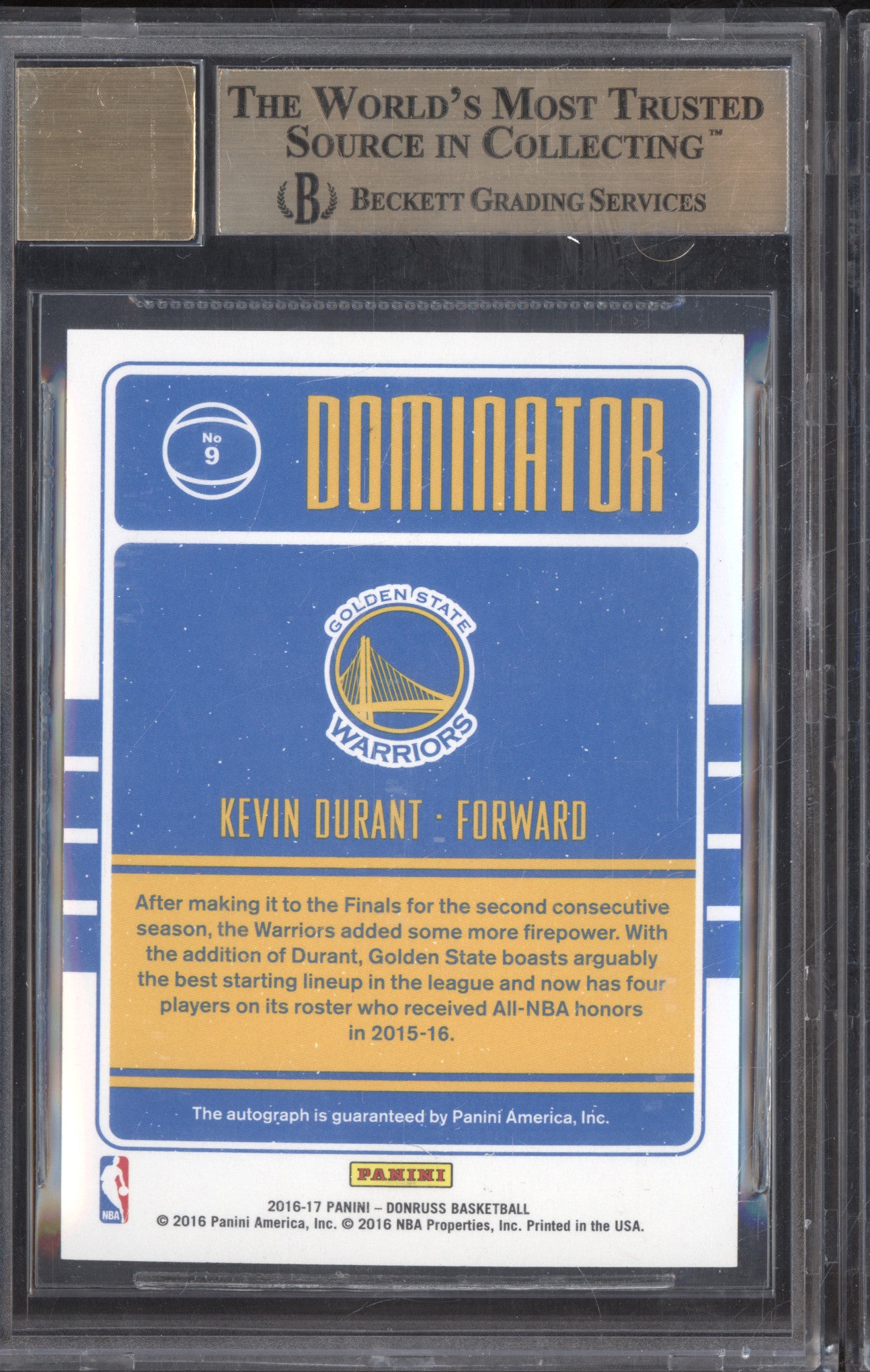 Kevin Durant 2016-17 Panini Donruss 9 Dominator Auto 6/49 BGS 9.5/10