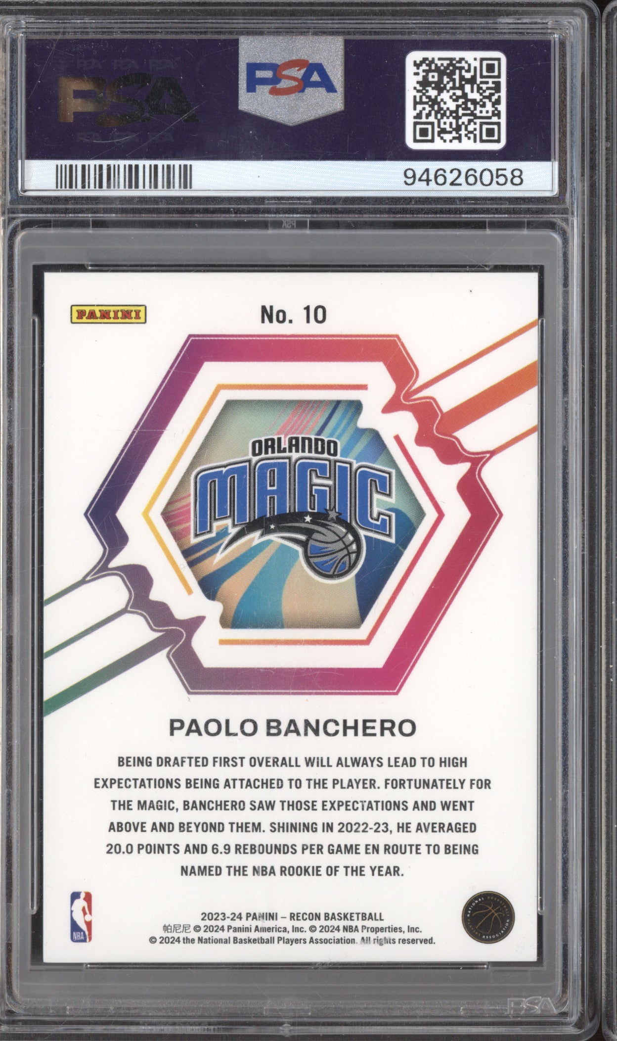Paolo Banchero 2023-24 Panini Recon 10 Rookie Review Effect 21/25 PSA 10