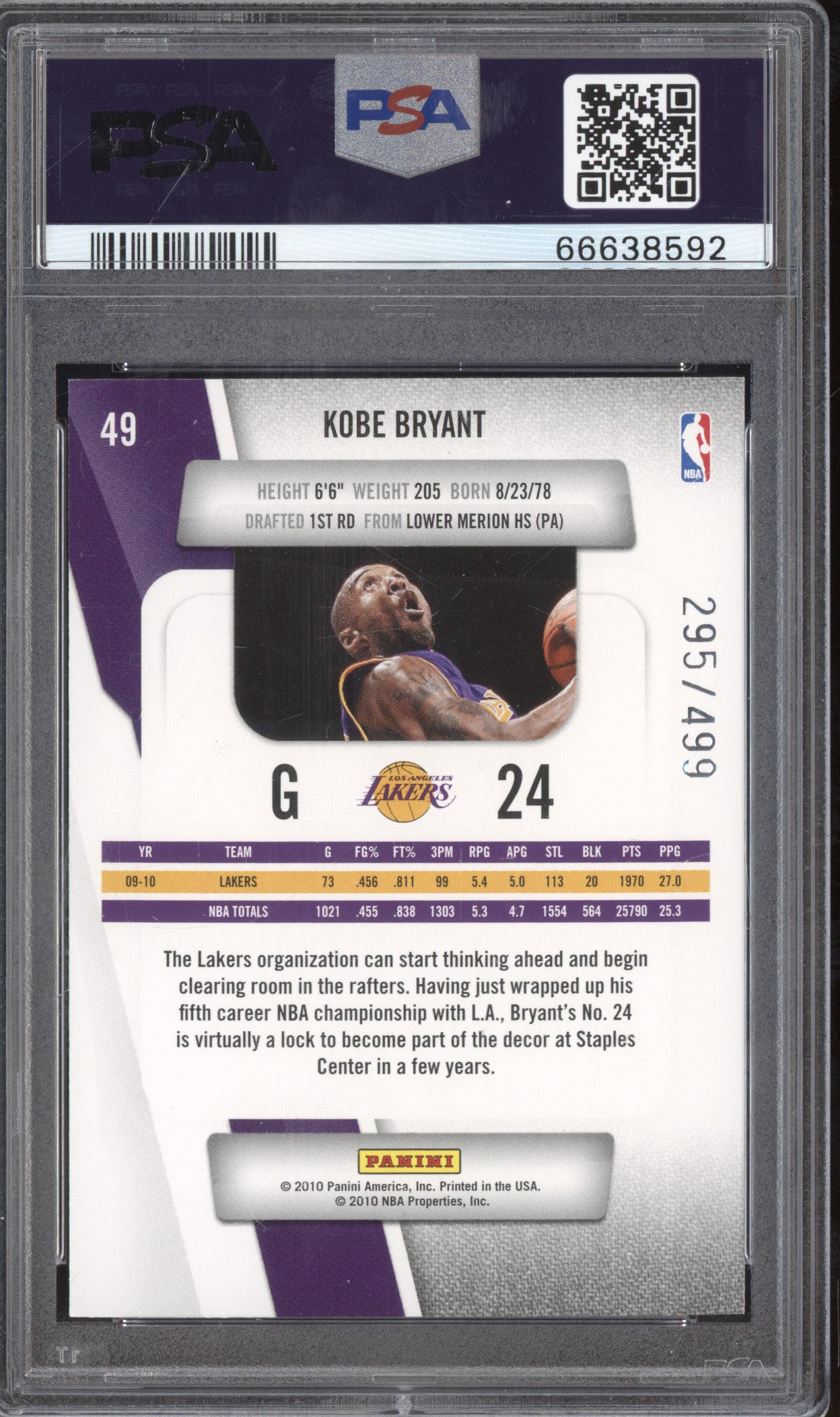 Kobe Bryant 2010-11 Panini Prestige 49 Bonus Shot Orange 295/499 PSA 9