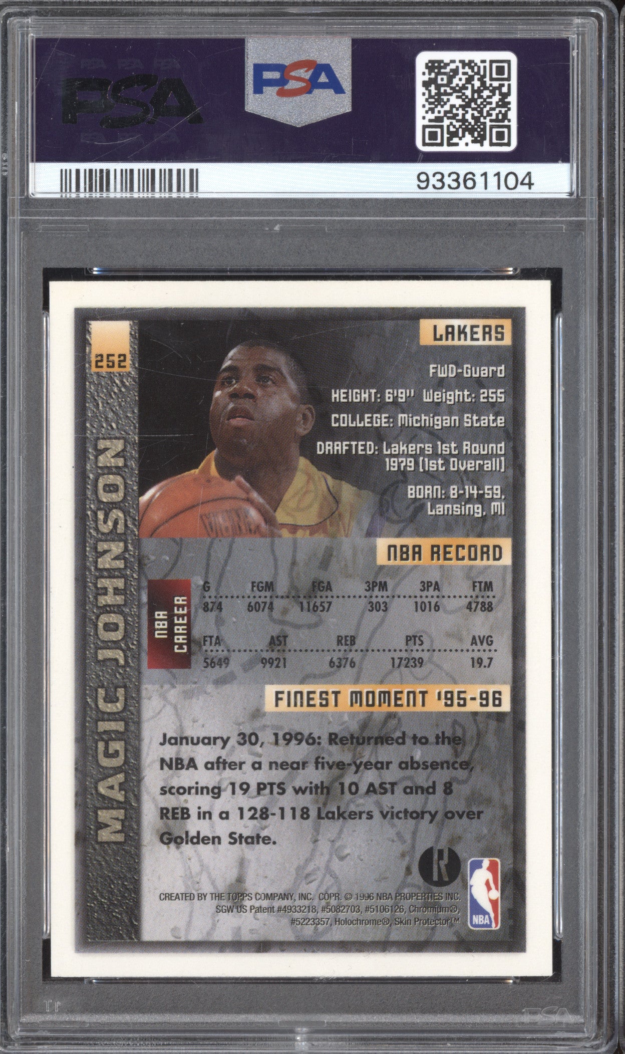 Magic Johnson 1995-96 Topps Finest 252 Refractor PSA 9
