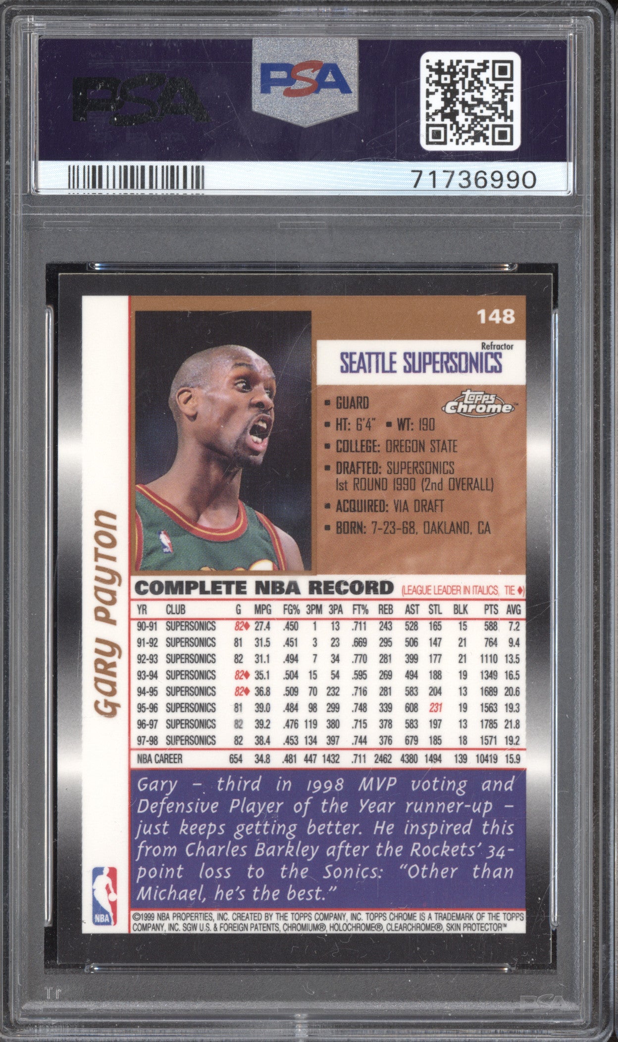 Gary Payton 1998-99 Topps Chrome 148 Refractor PSA 9