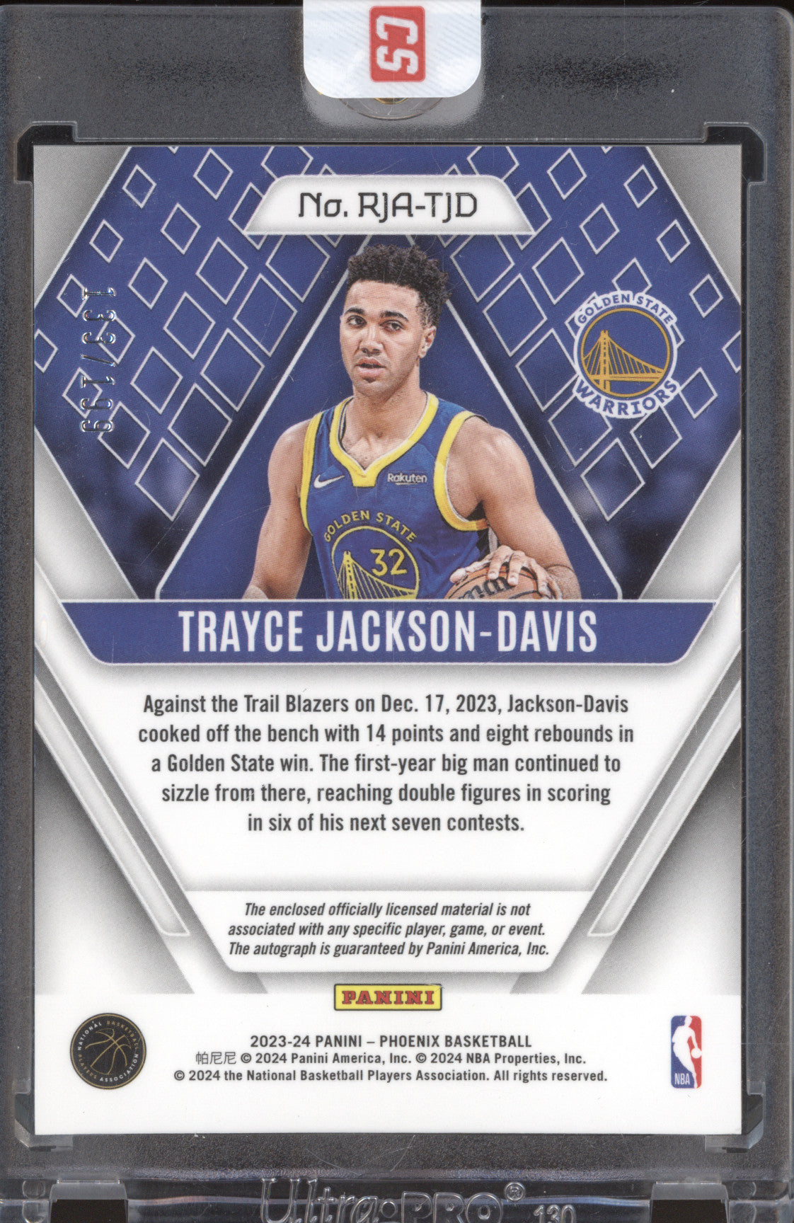 Trayce Jackson-Davis 2023-24 Panini Phoenix RJA-TJD Rookie Patch Auto RC 133/199