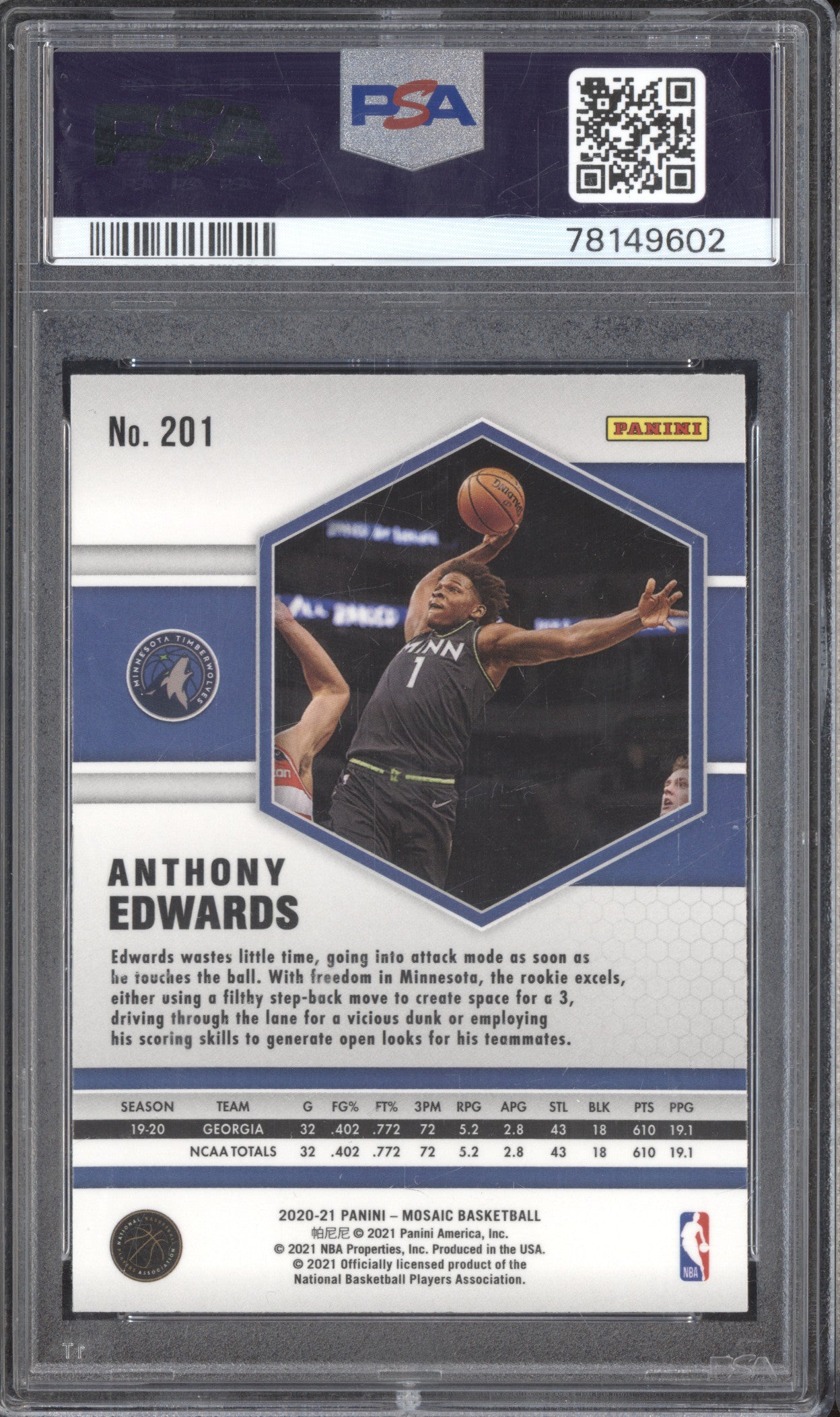 Anthony Edwards 2020-21 Panini Mosaic 201 Mosaic RC PSA 10