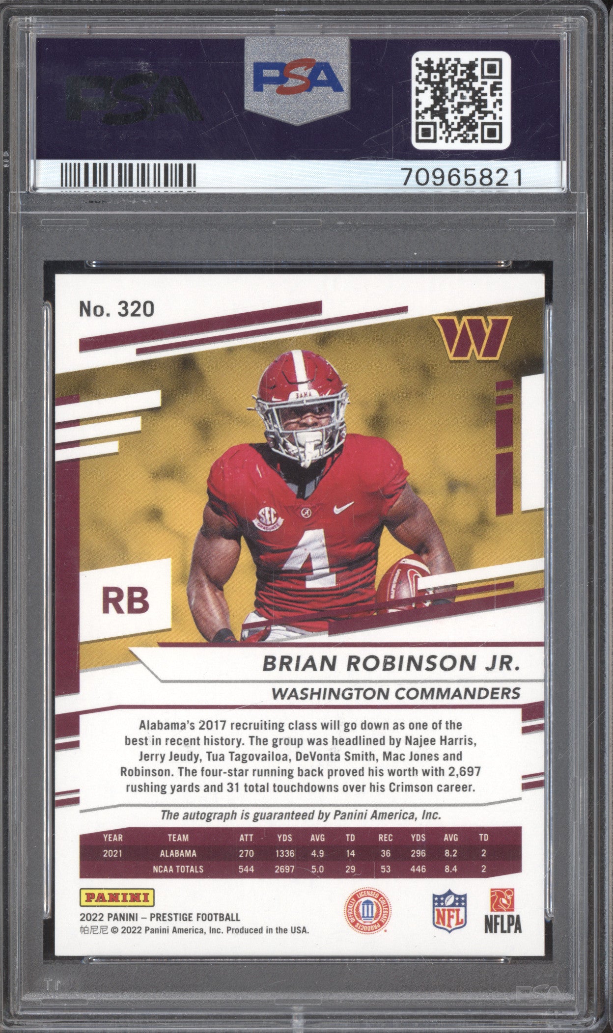 Brian Robinson Jr 2022 Panini Prestige 320 Gold Xtra Points Prem Auto /50 PSA 8