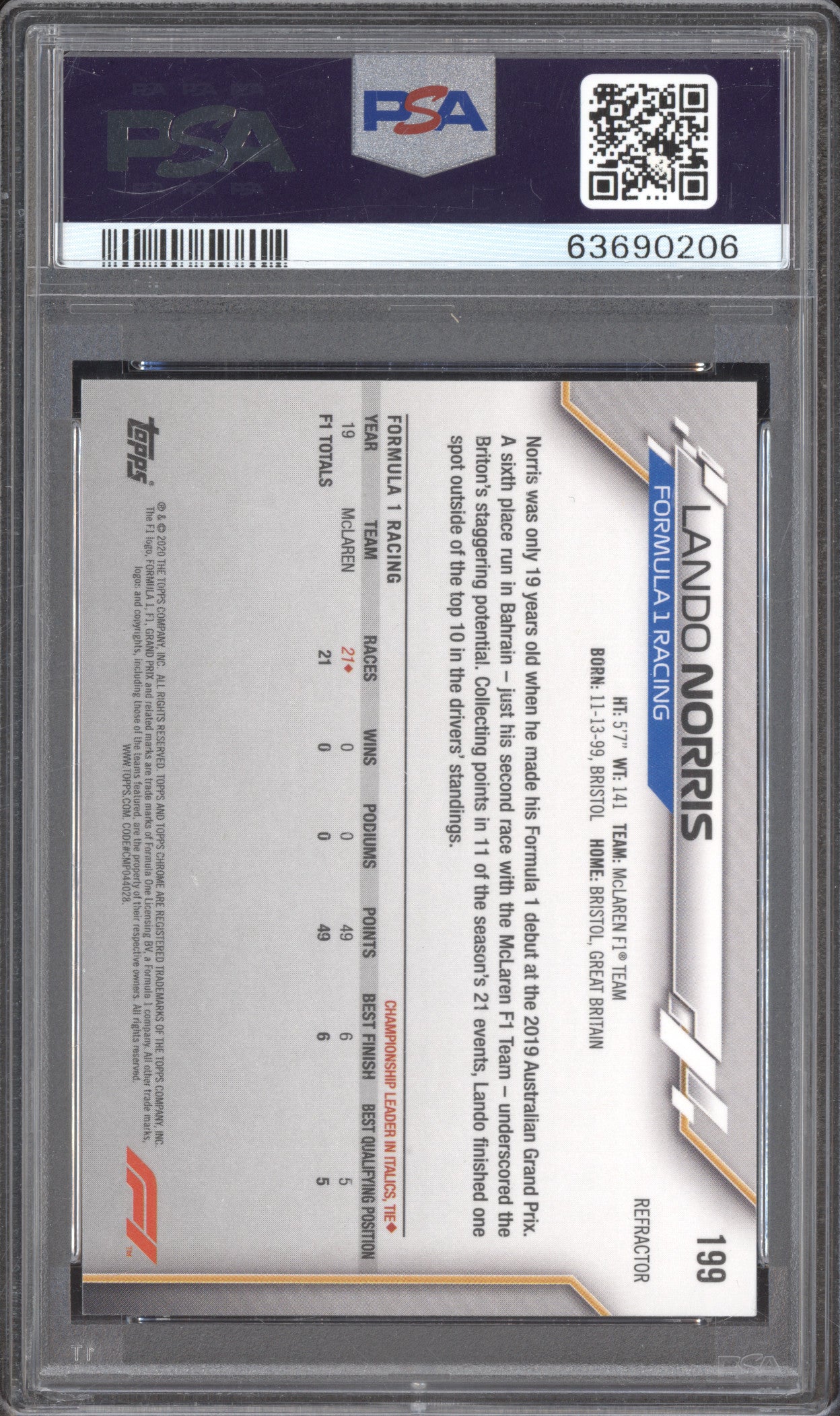Lando Norris 2020 Topps Chrome 199 Refractor RC PSA 10