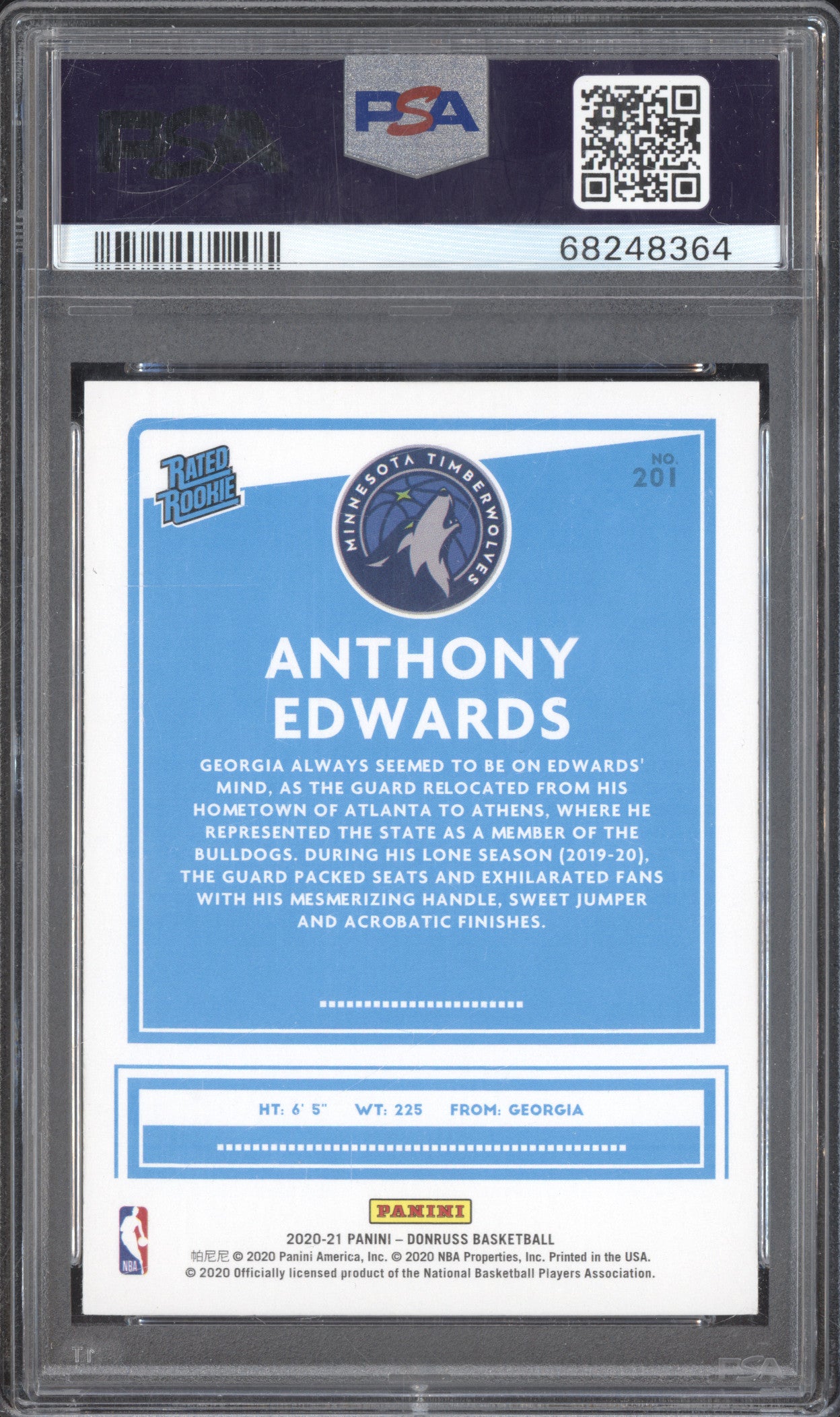Anthony Edwards 2020-21 Panini Donruss 201 Green/Yellow Laser RC PSA 9
