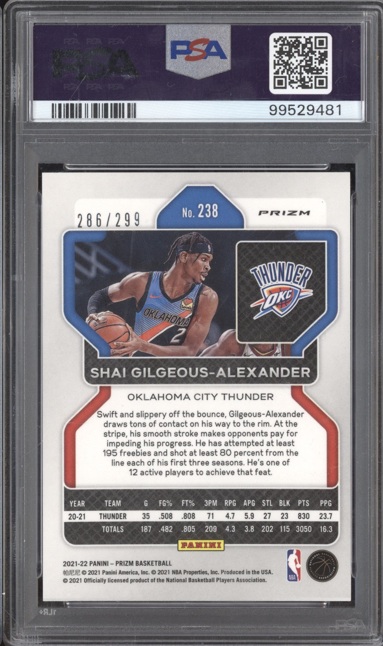 Shai Gilgeous-Alexander 2021-22 Panini Prizm 238 Red Prizm 286/299 PSA 9