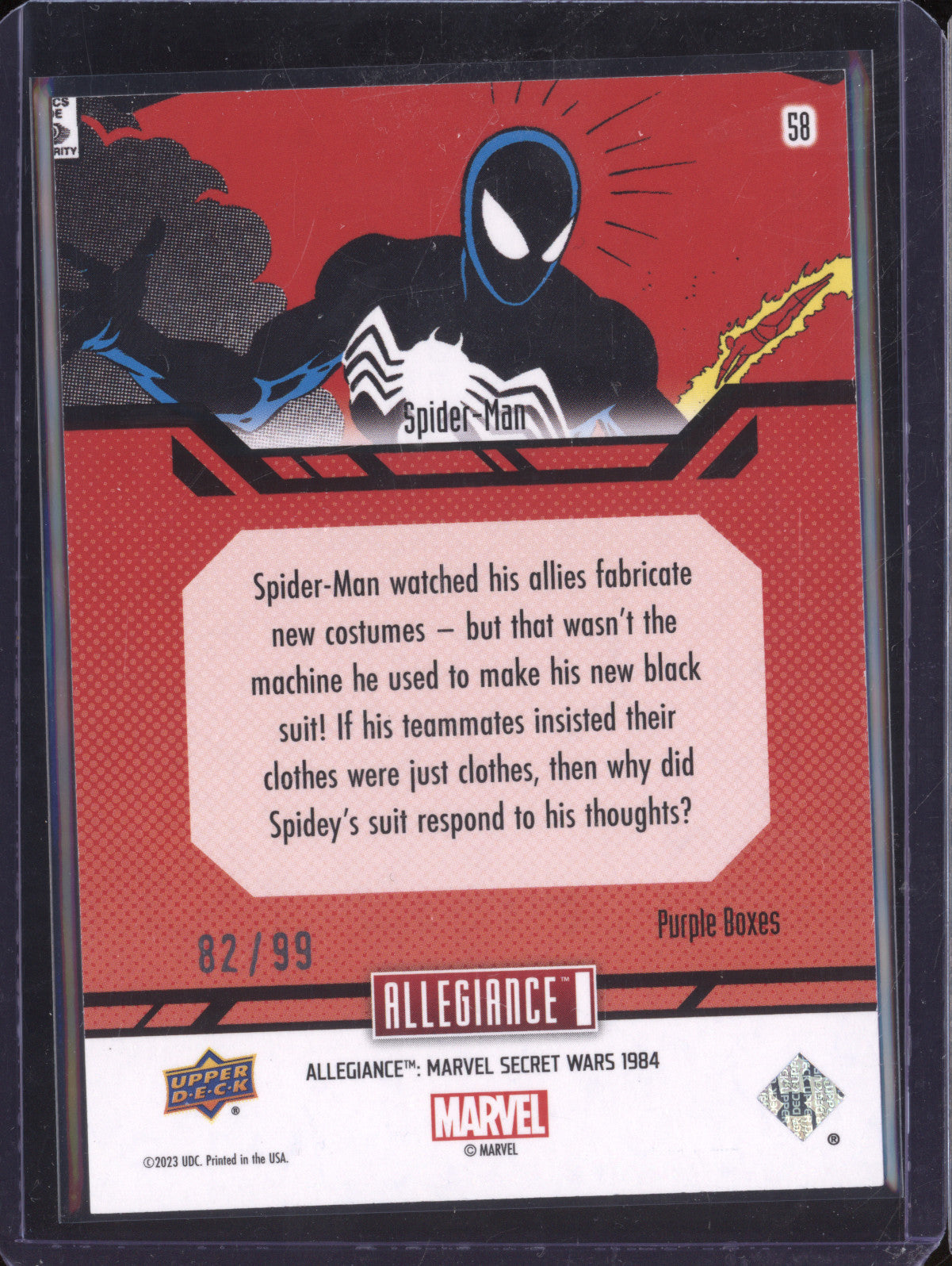 Spider-Man 2024 Upper Deck AllegianceL Marvel Secret Wars 1984 58 Purple Boxes