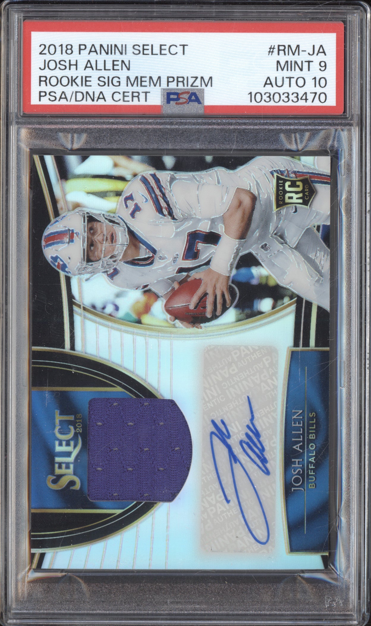 Josh Allen 2018 Panini Select RM-JA Rookie Signature Mem RC 12/49 PSA 9/10