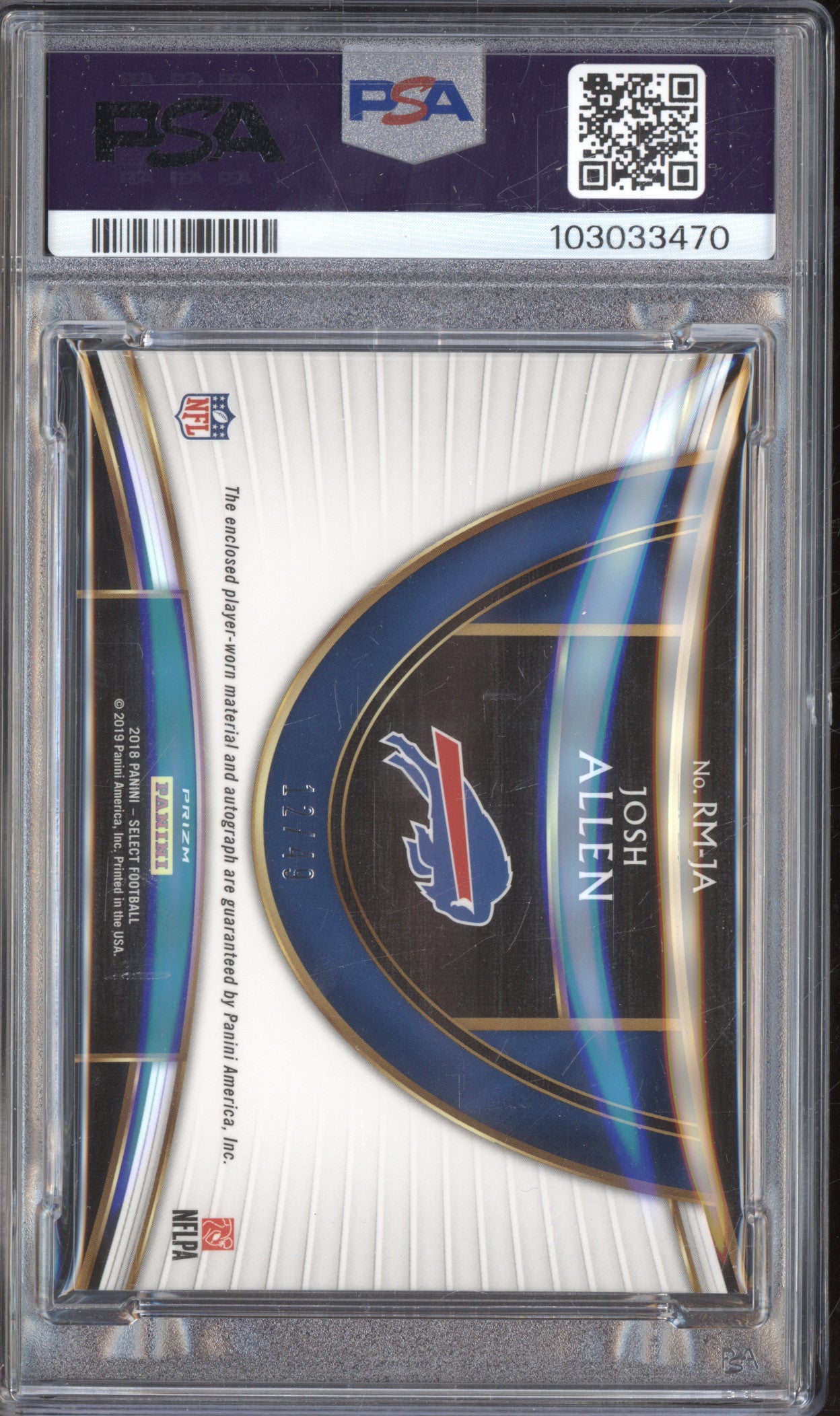Josh Allen 2018 Panini Select RM-JA Rookie Signature Mem RC 12/49 PSA 9/10