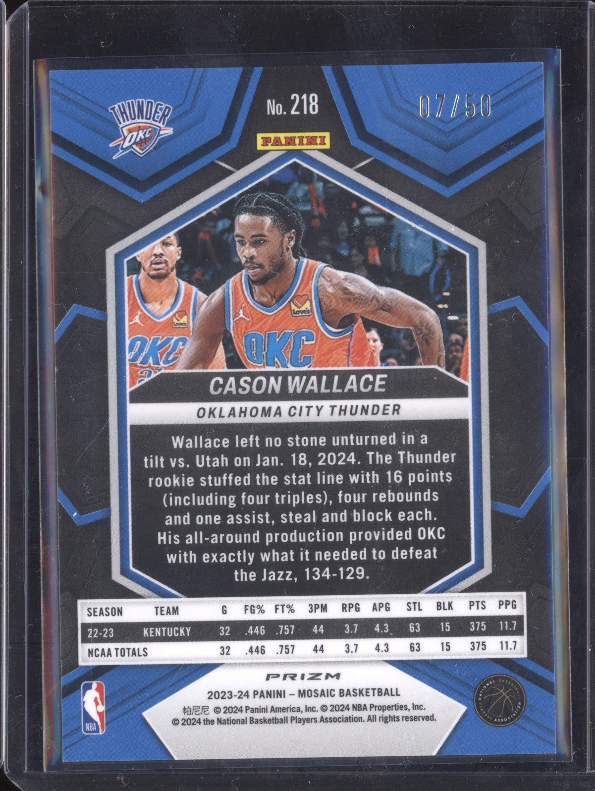 Cason Wallace 2023-24 Panini Mosaic 218 Purple Fast Break 7/50 RC