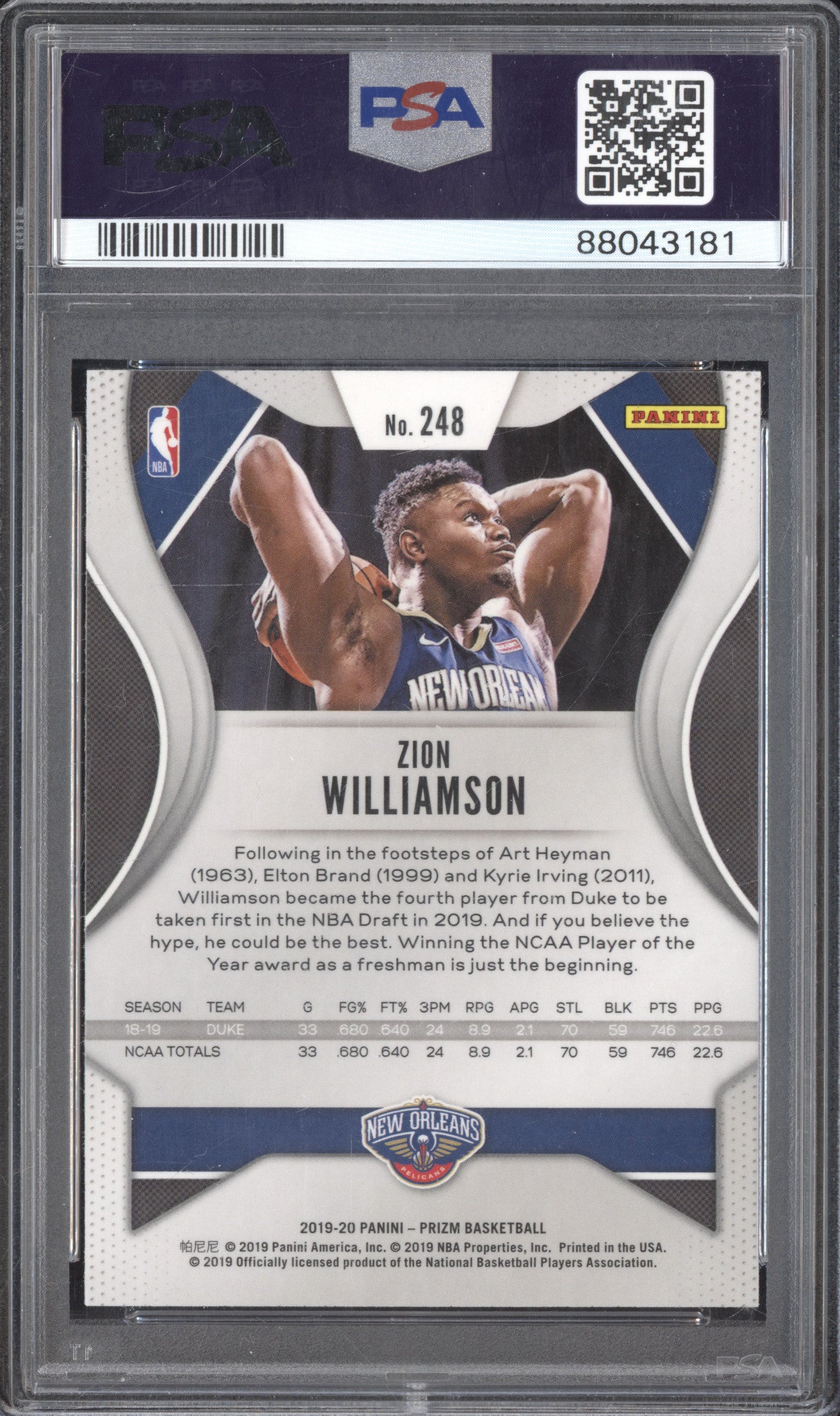 Zion Williamson 2019-20 Panini Prizm 248 RC PSA 10