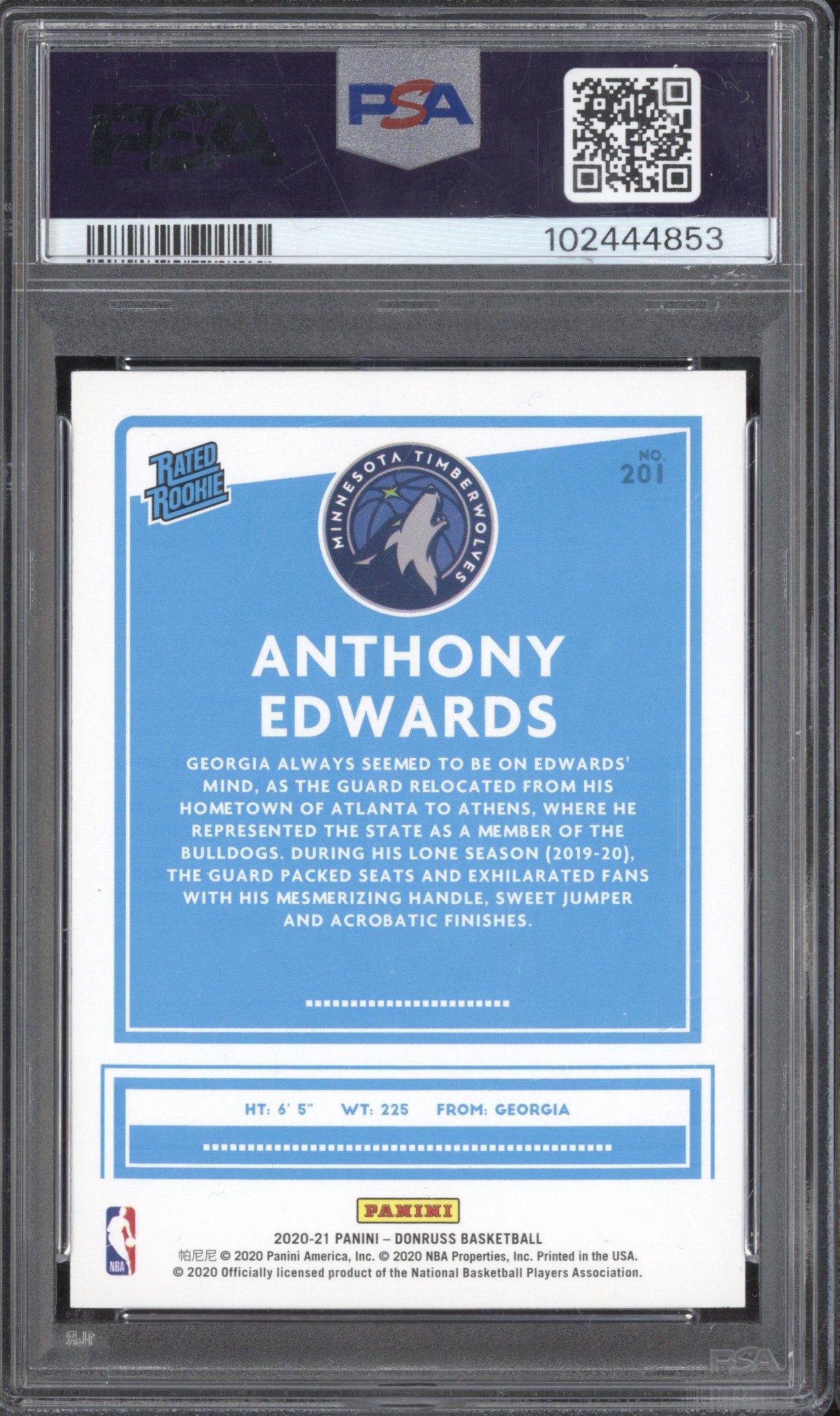 Anthony Edwards 2020-21 Panini Donruss 201 Orange Laser PSA 8