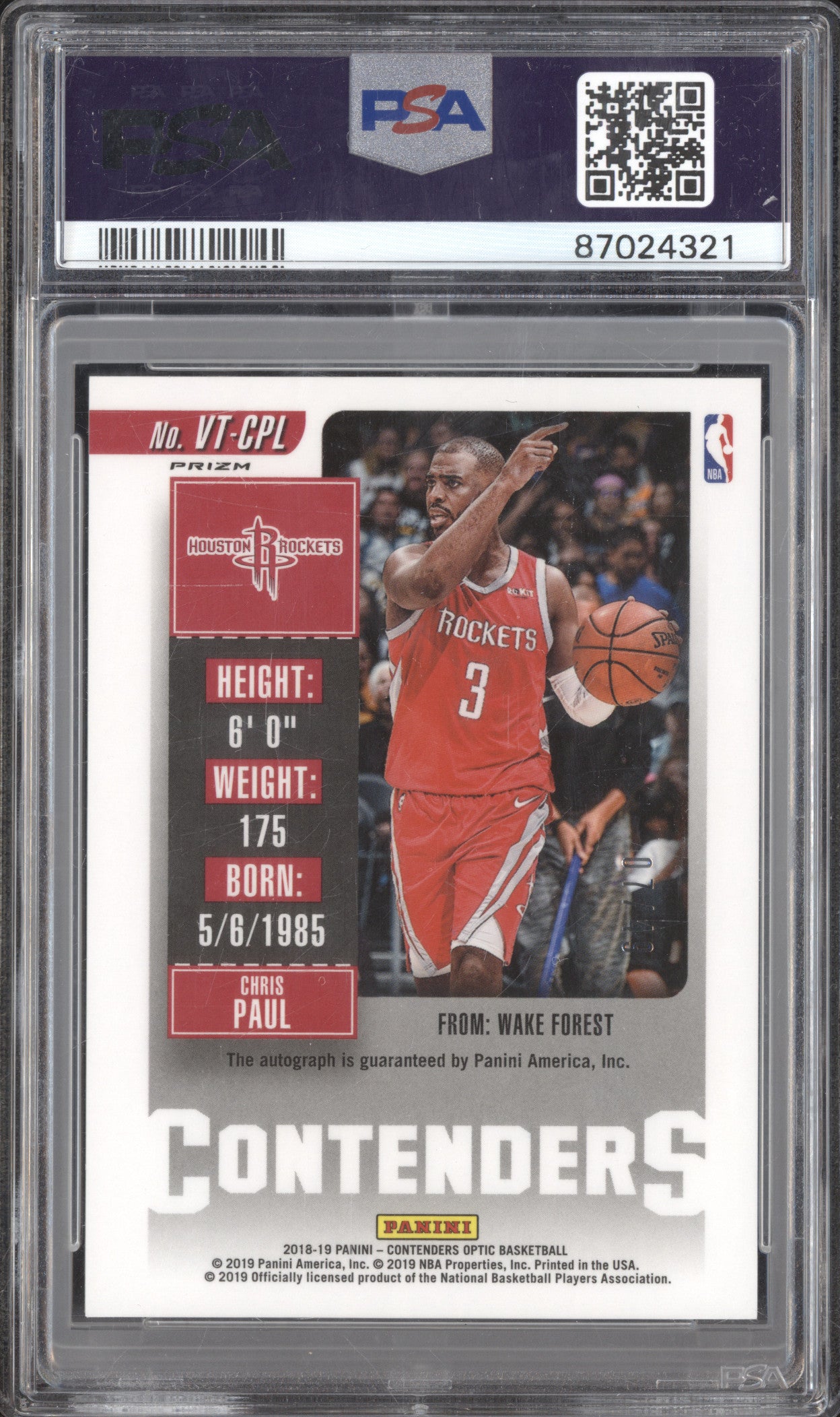 Chris Paul 2018-19 Panini Contenders Optic VT-CPL Vet Ticket Auto Red 7/49 PSA 9