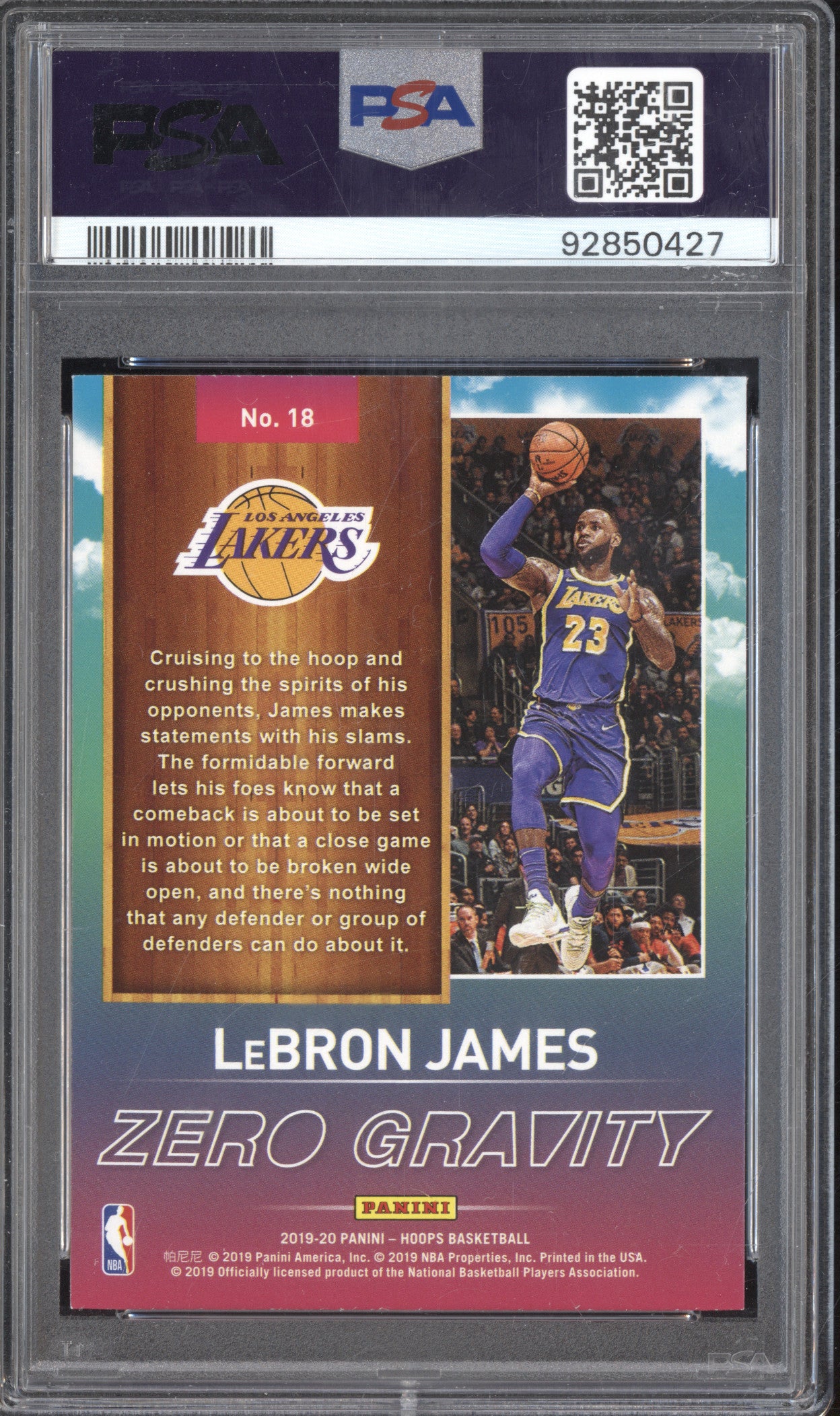 LeBron James 2019-20 Panini Hoops 18 Zero Gravity Holo PSA 9