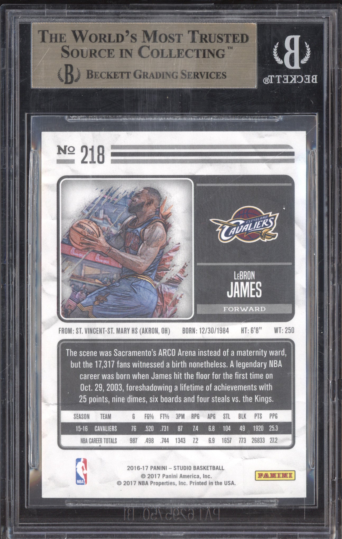 LeBron James 2016-17 Panini Studio 218 BGS 9.5