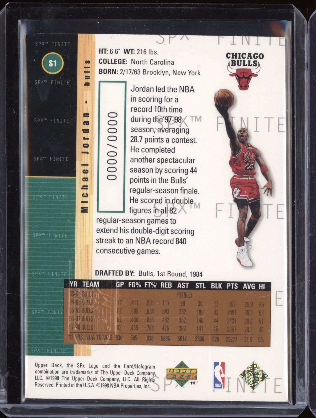 Michael Jordan 1998-99 Upper Deck SPx Finite S1 Sample Promo