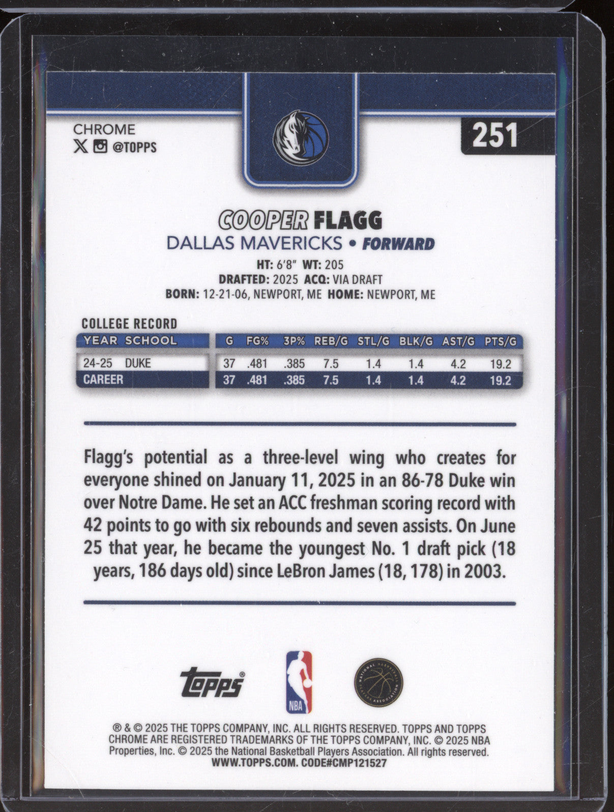 Cooper Flagg 2025-26 Topps Chrome Base Rookie 251 RC