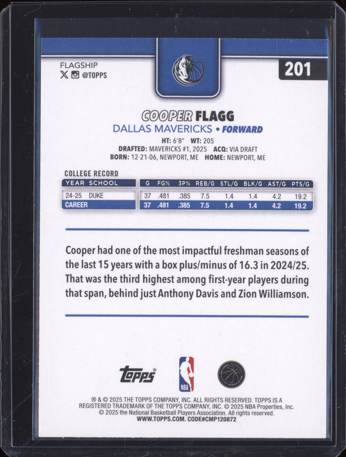 2025 NBA Basketball Topps 201 Cooper Flagg Rookie RC