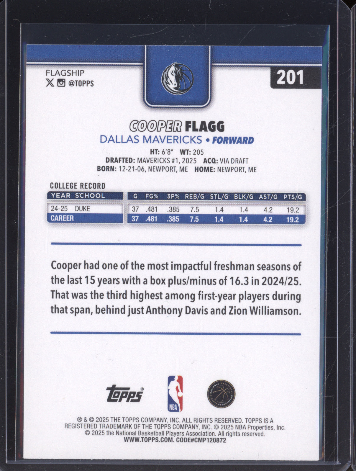 2025 NBA Basketball Topps 201 Cooper Flagg Rookie RC